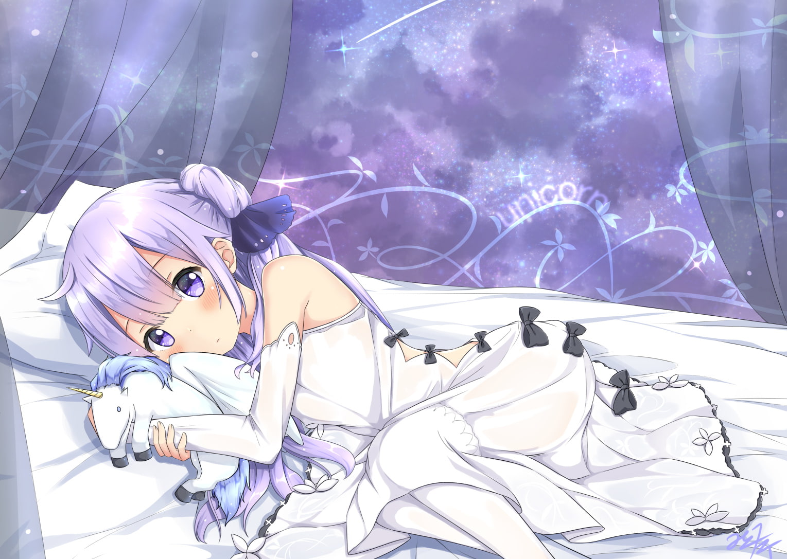 elbow, signed, (azur, 720P, azur, anthropomorphism, lane), long, hair, lane, purple, eyes, mikoillust, com, 252235, unicorn, dress, konachan, hms, gloves, HD Wallpaper
