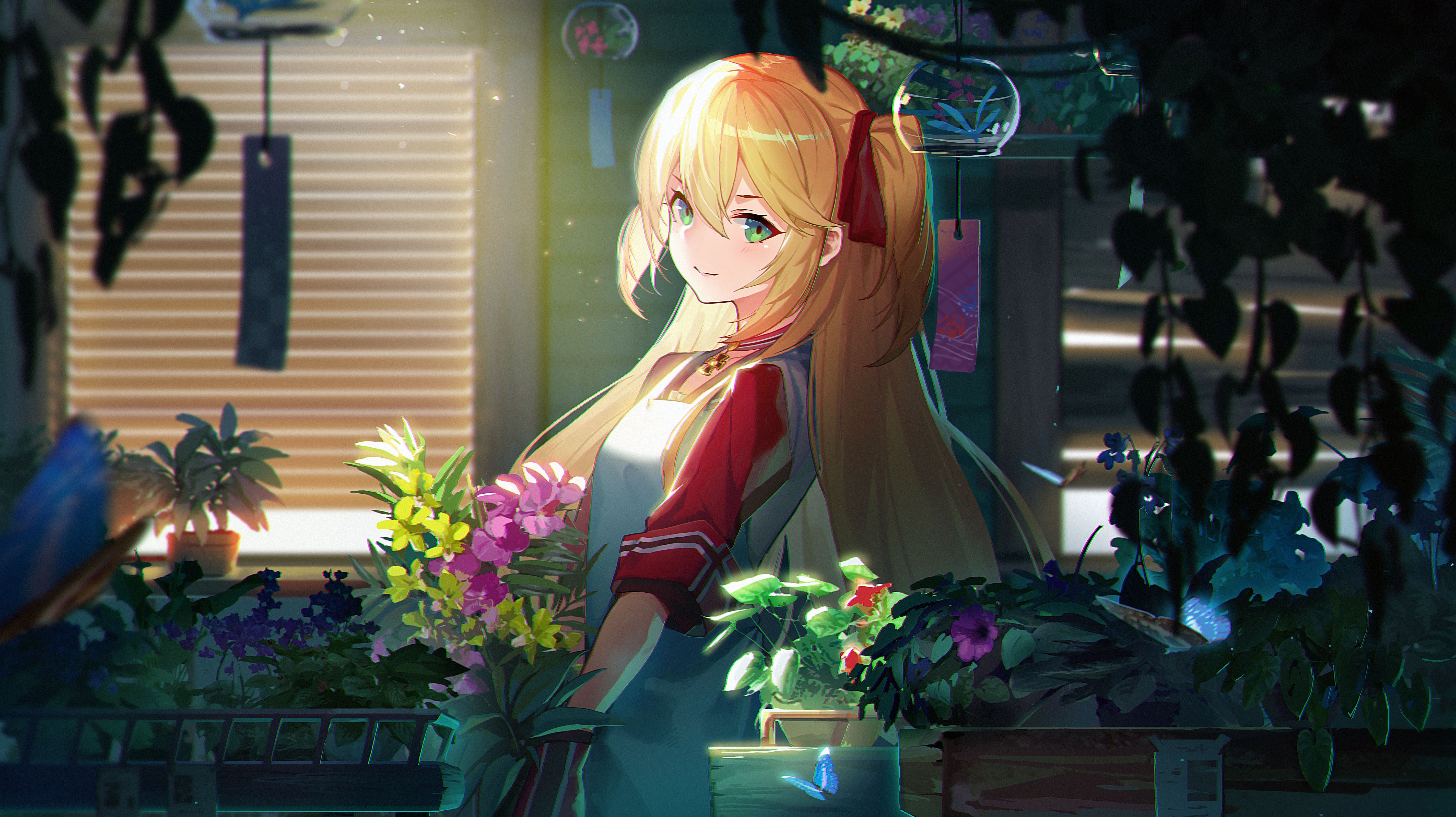 Admiral Hipper (Azur Lane), 5K, red ribbon, anime girls, painting, Bilan Hangxian, yellow hair, anime, long hair, Azur Lane, red ribbons, green eyes, artwork, HD Wallpaper