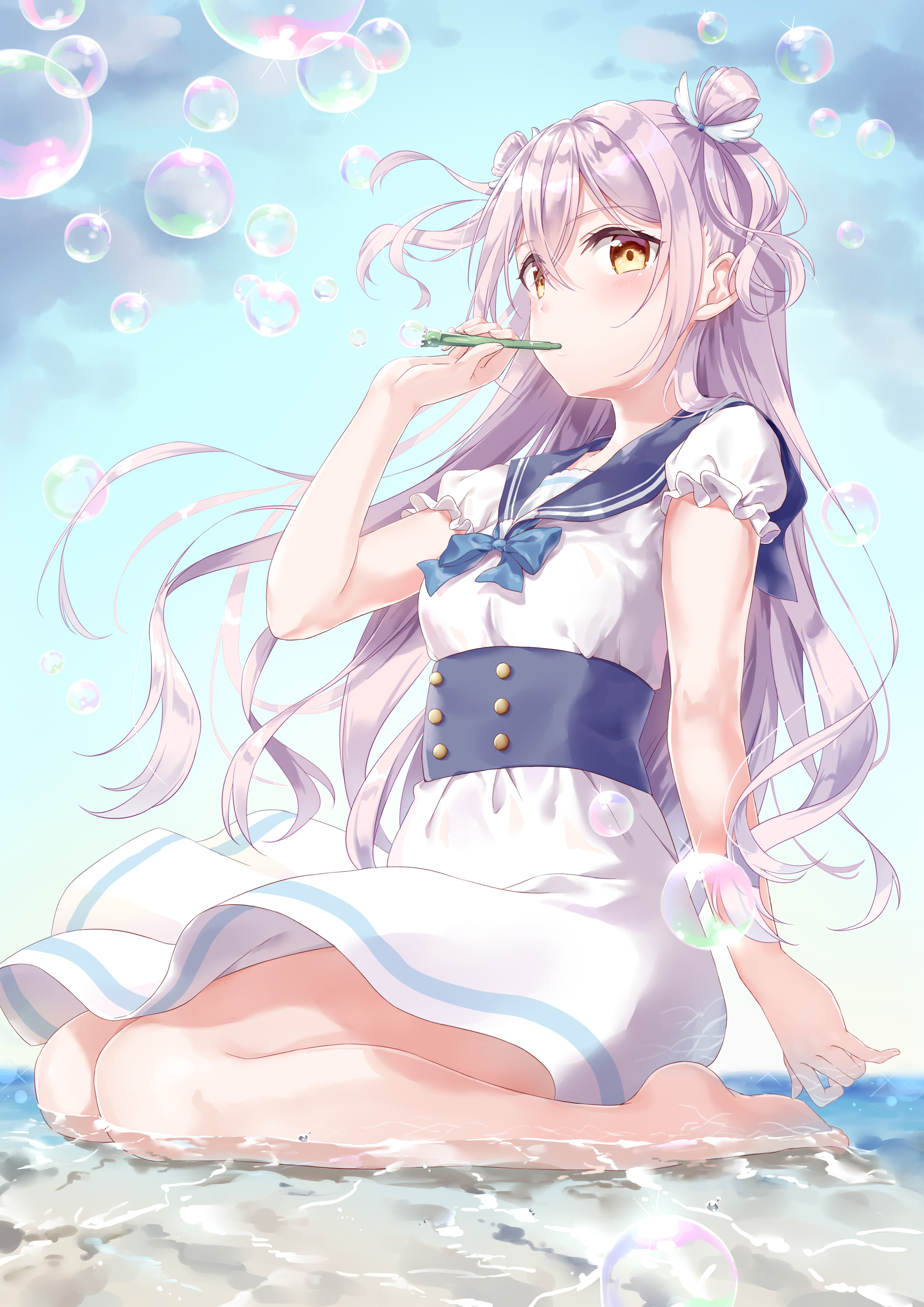 black stockings, lifting skirt, blush, 4K, water, purple clothing, bubble, Phone HD Wallpaper