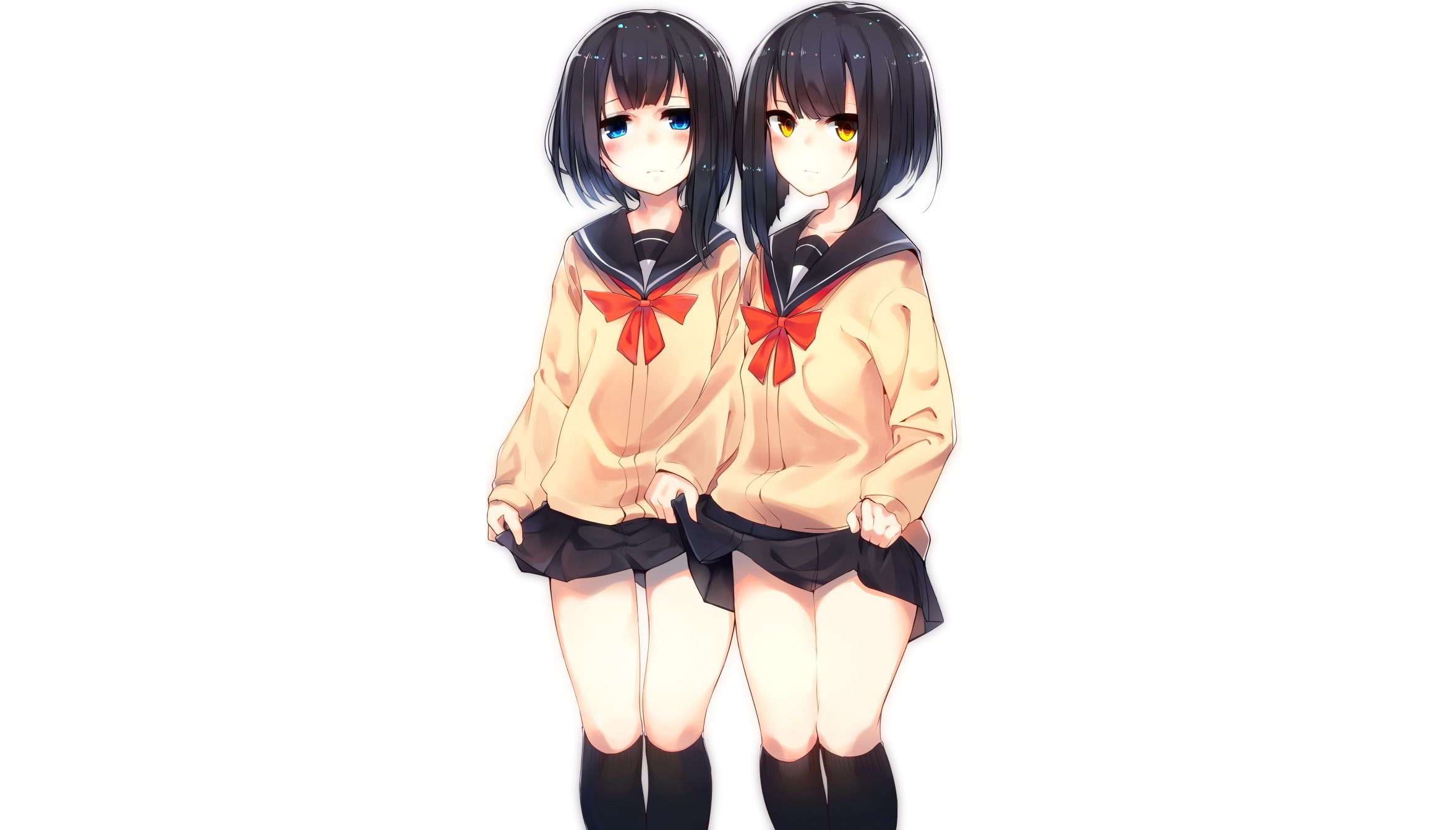 hair, seifuku, eyes, kneehighs, 1080P, yellow, short, aqua, white, black, original, otokuyou, girls, lift, skirt, blush, twins, HD Wallpaper