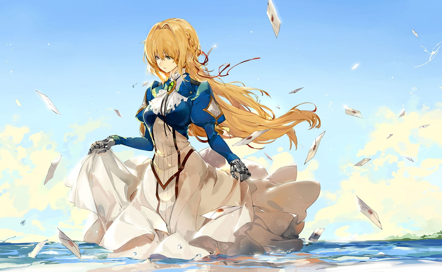 (character), blonde, skirt, clouds, long, aqua, gloves, sky, 720P, lift, hair, konachan, eyes, paper, violet, 257990, com, braids, techgirl, water, evergarden, HD Wallpaper