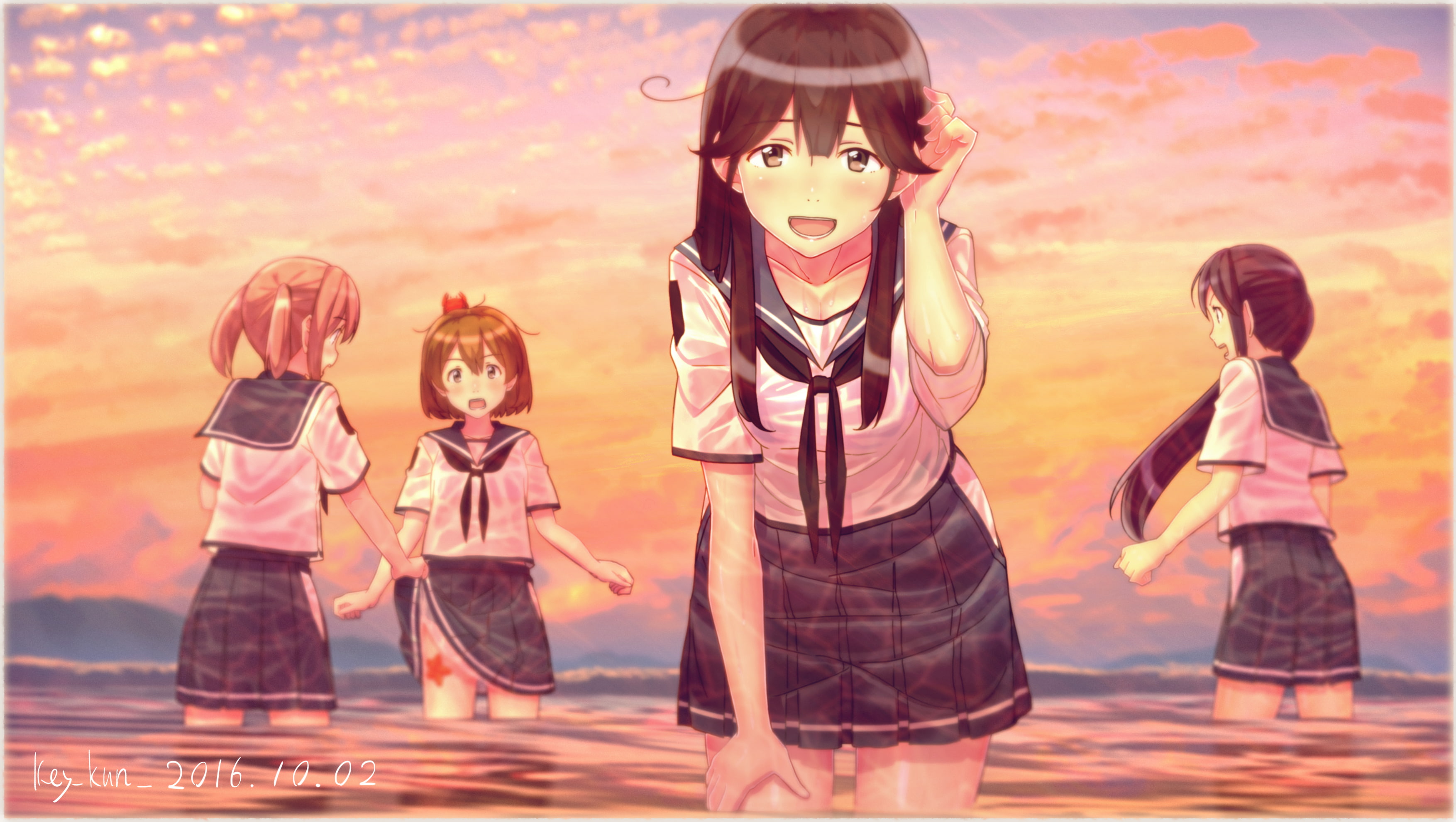 wet, skirt, com, twintails, kun, 2K, brown, blush, eyes, ponytail, konachan, long, key, signed, seifuku, water, short, clouds, sky, hair, 257979, pink, HD Wallpaper