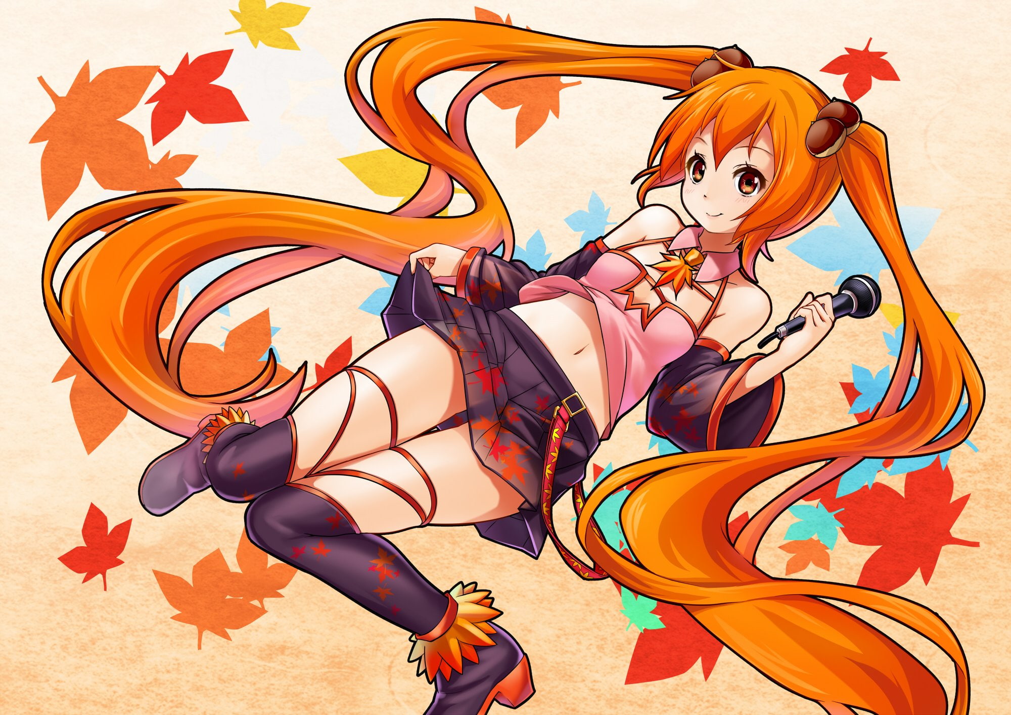 1080P, twintails, microphone, orange, navel, skirt, miku, hair, vocaloid, long, autumn, leaves, hatsune, kneehighs, lift, (angelo, whitechoc), miu, HD Wallpaper