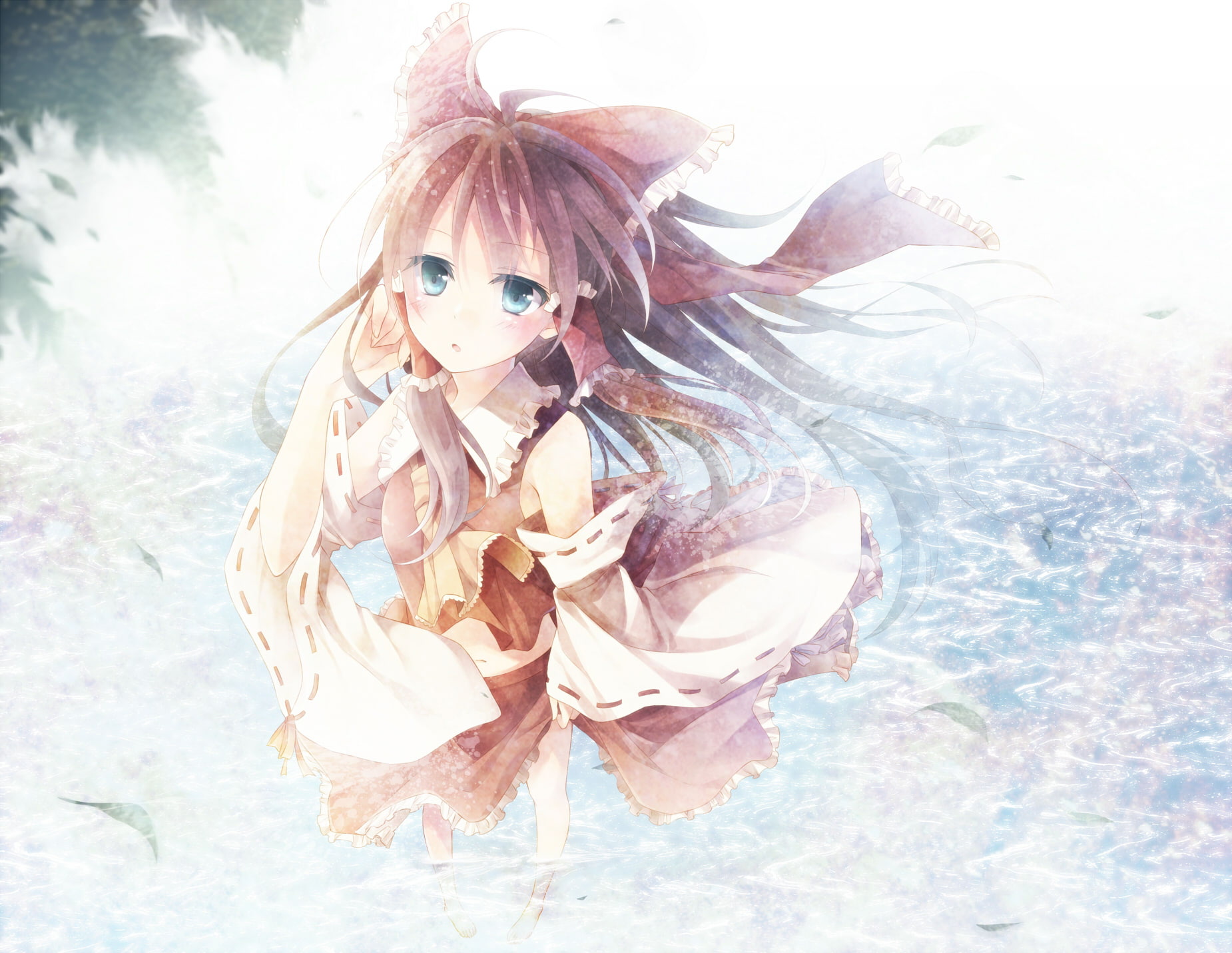 touhou, toosaka, eyes, hakurei, hair, 720P, reimu, lift, asagi, blue, skirt, brown, long, HD Wallpaper
