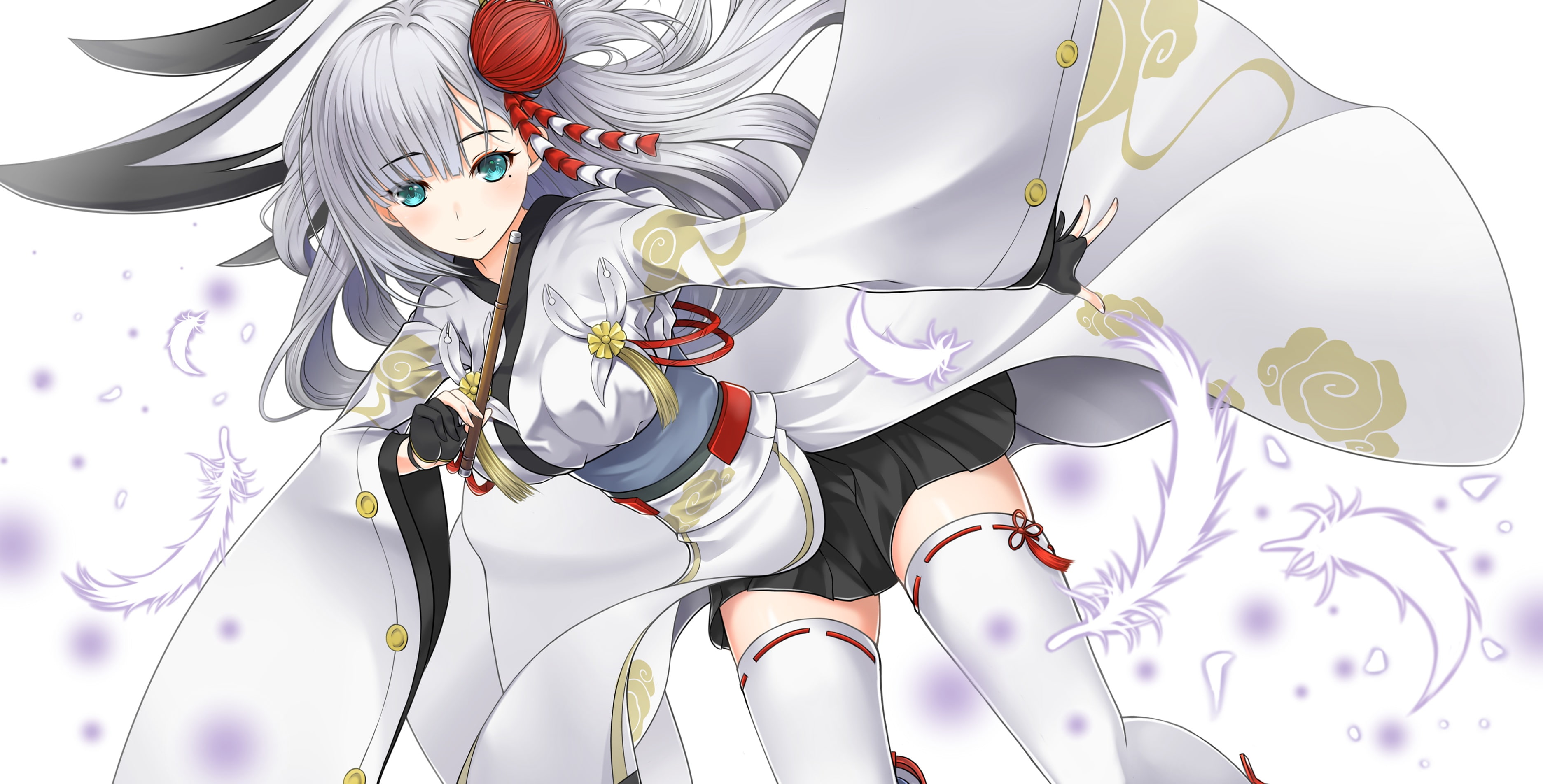 (azur, konachan, com, skirt, gray, hajika, hair, eyes, anthropomorphism, azur, 254634, thighhighs, lane), 2K, japanese, lane, aqua, shoukaku, feathers, HD Wallpaper