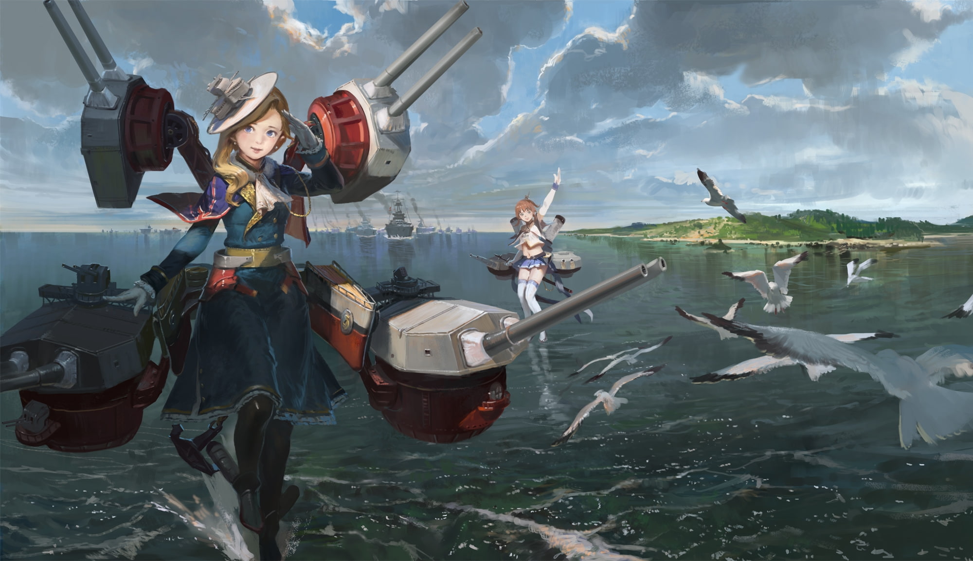 digital composite, painting, azur lane, ships, one person, day, women, fish, men, leisure activity, birds, lifestyles, cloud - sky, sea, cleveland, animal wildlife, HD Wallpaper