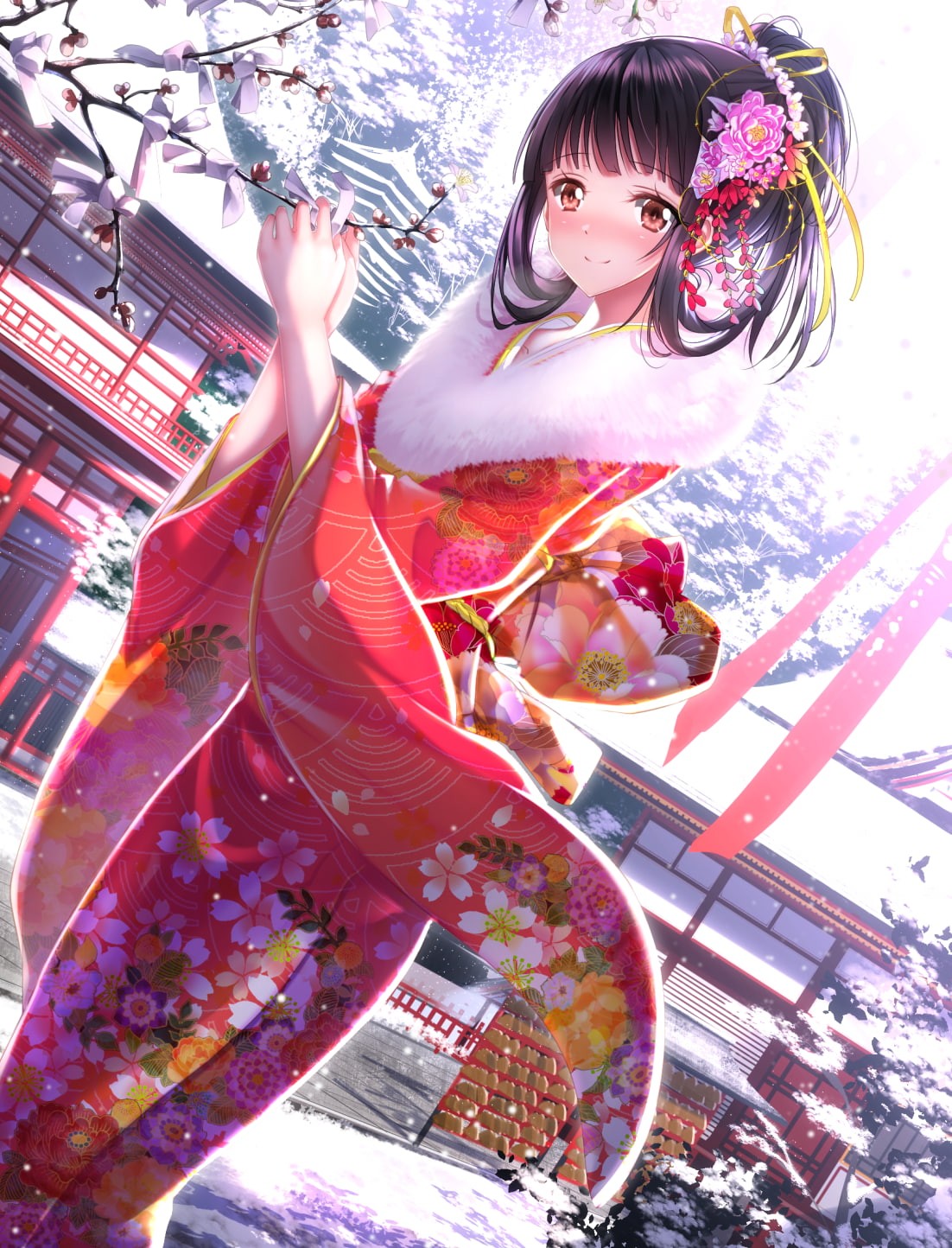 Swordsouls, artwork, anime, 720P, Anime Girls, winter, Kobori (Amagi Brilliant Park), kimono, snow, Amagi Brilliant Park, Hair Ornament, Phone HD Wallpaper