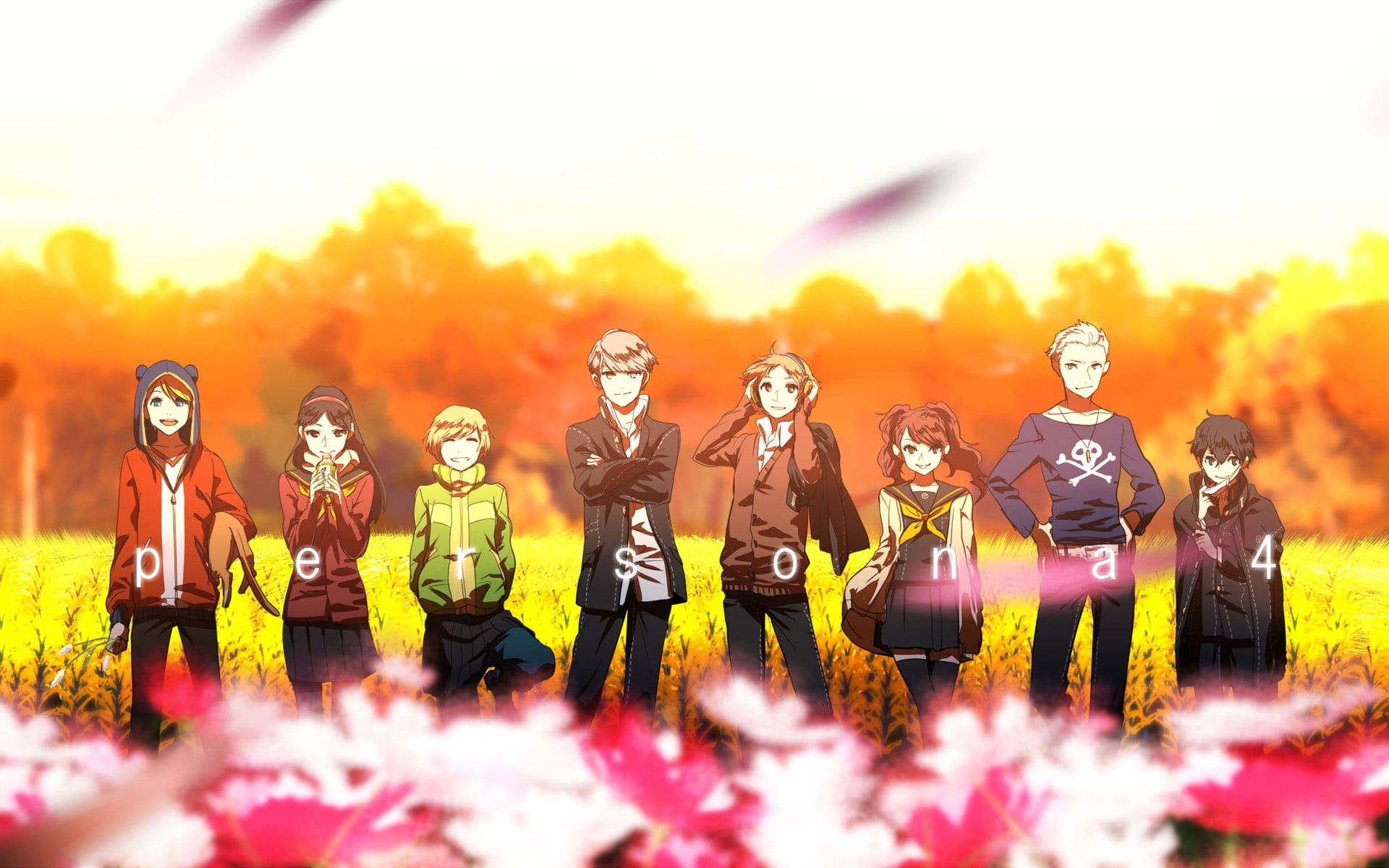 anime, Persona 4, yellow, sunset, nature, 1080P, clothing, outdoors, group, young adult, teenager, plant, character, men, medium group of people, HD Wallpaper