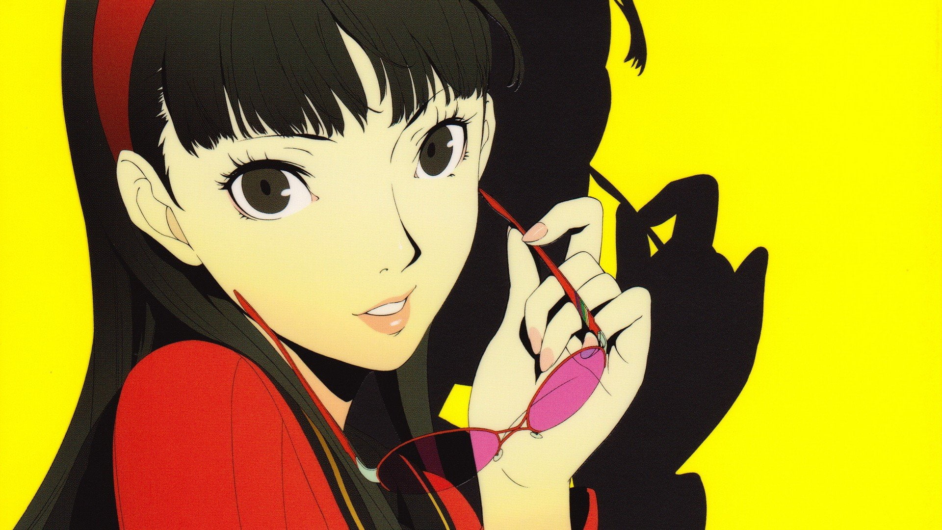 simple, games, glasses, black, persona, background, close up, faces, yukiko, hair, series, 1080P, soejima, amagi, yellow, eyes, video, shigenori, long, HD Wallpaper