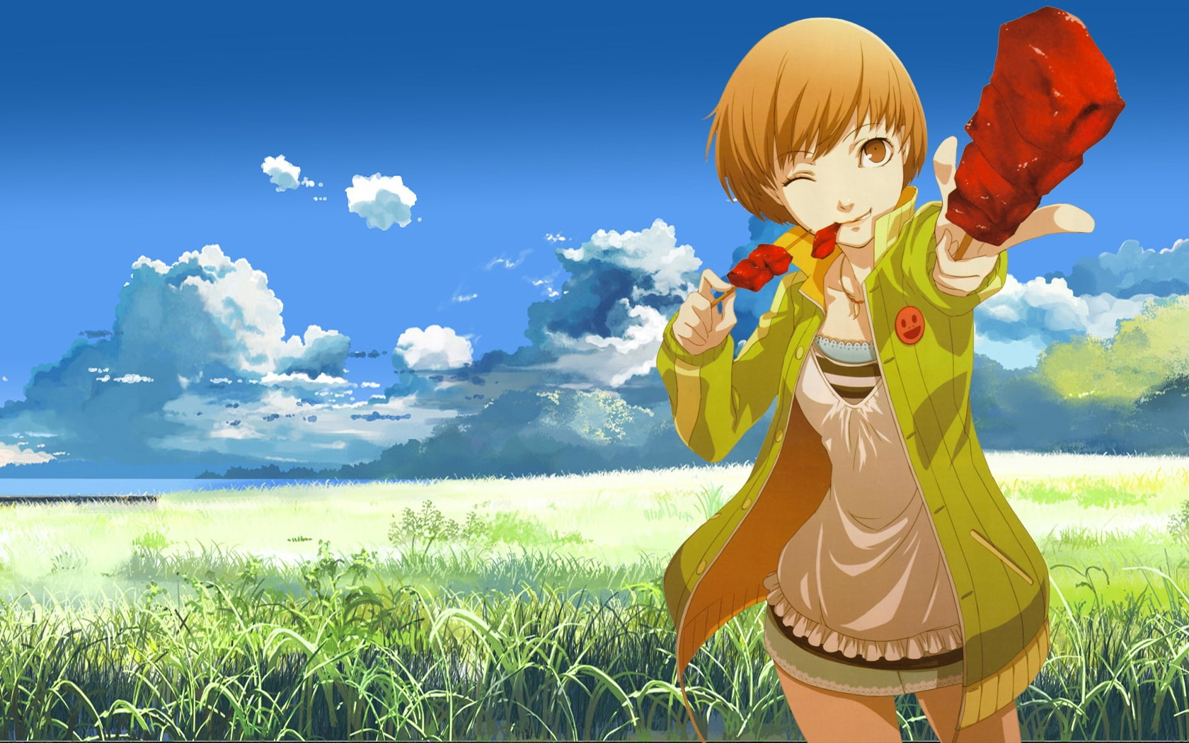 x, chie, short, 720P, persona, art, series, hair, hd, brunettes, nature, fields, satonaka, HD Wallpaper