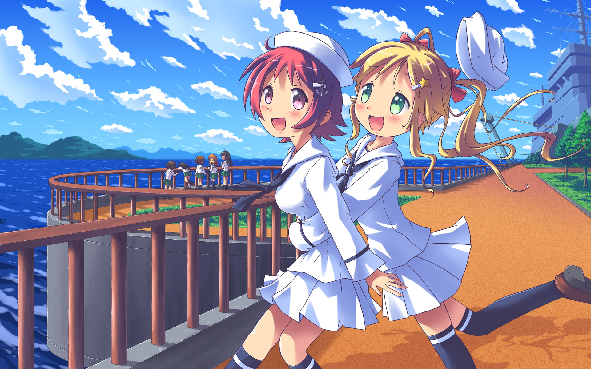 hat, short, thighhighs, blonde, reizei, brown, 1080P, saori, red, hug, long, hana, seifuku, takebe, hair, akisorapx, mako, blush, isuzu, twintails, HD Wallpaper