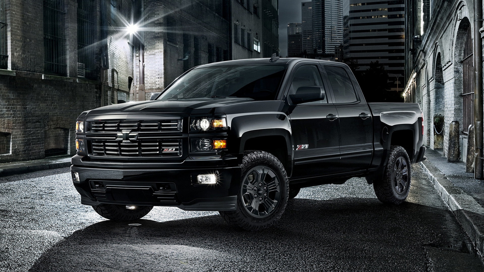 land vehicle, road, parking, alley, car, mode of transportation, no people, Double Cab, 2015 Chevrolet Silverado LT Z71 Midnight Double Cab, street, illuminated, HD Wallpaper