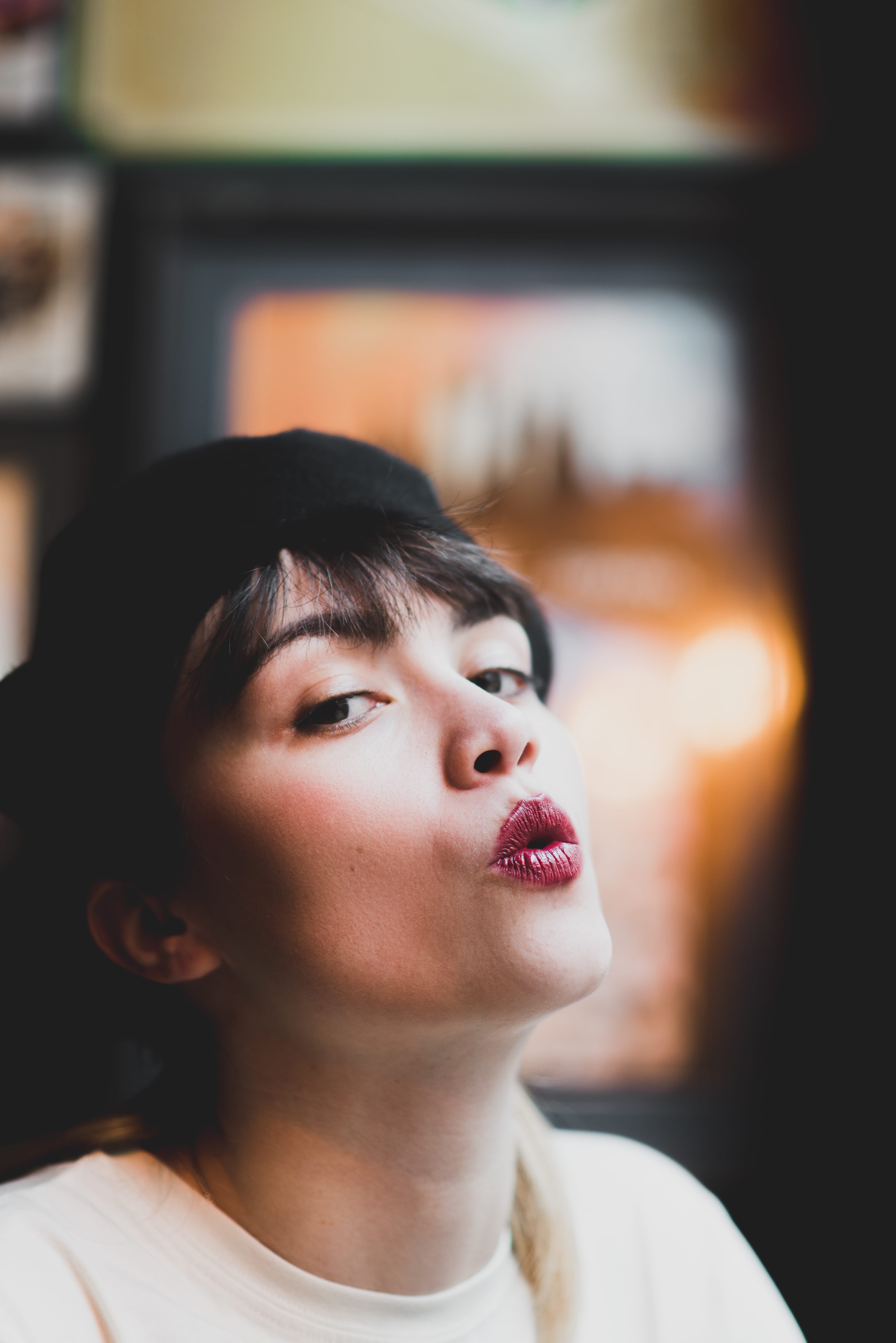 tilt, pose, young women, close-up, lipstick, looking away, kissing, lifestyles, air, pouting, fashion, portrait, adult, front view, woman, lips, make-up, Phone HD Wallpaper