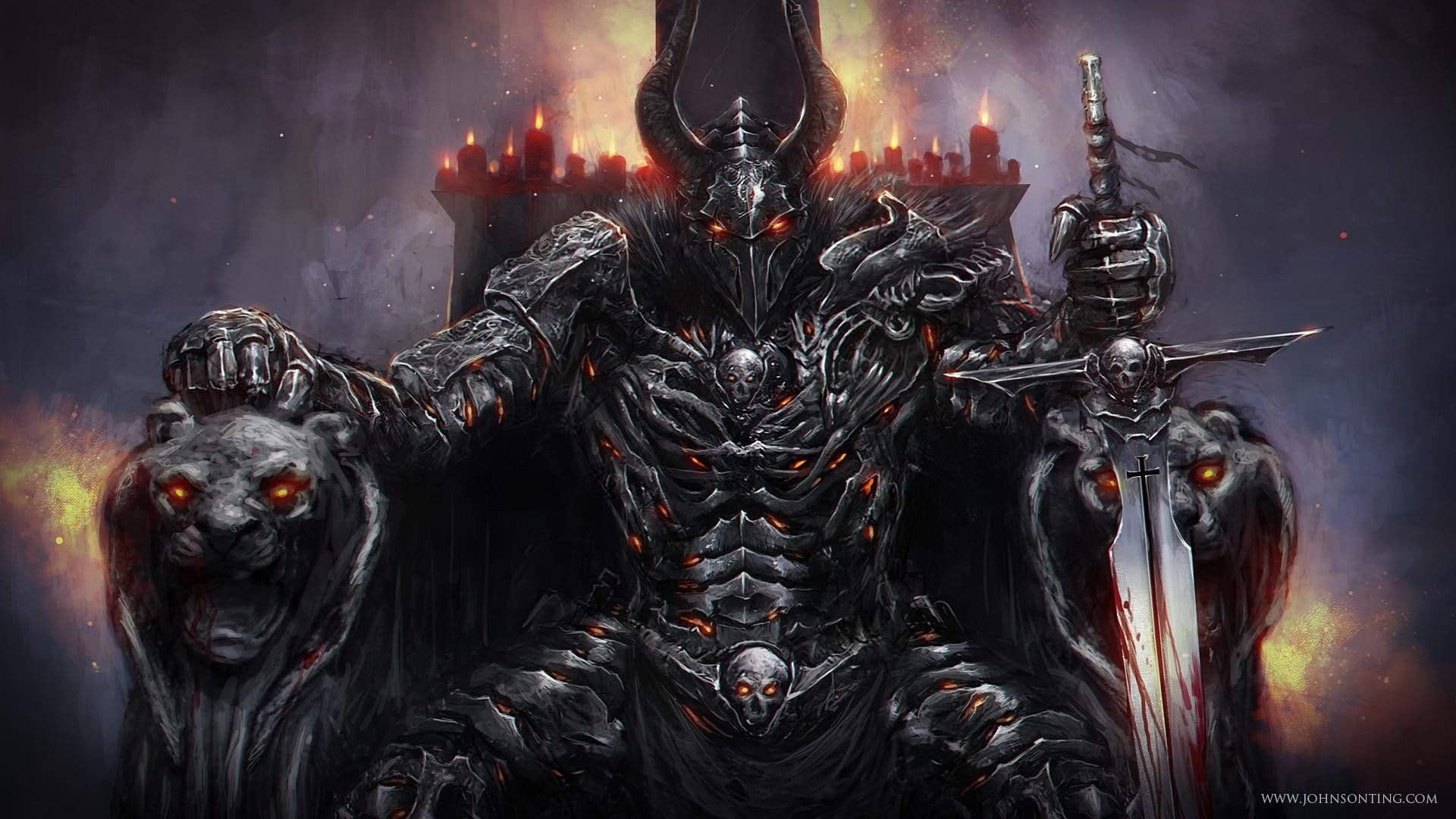 1080P, warrior, dark fantasy, fantasy art, demon, horns, Ares, throne, HD Wallpaper