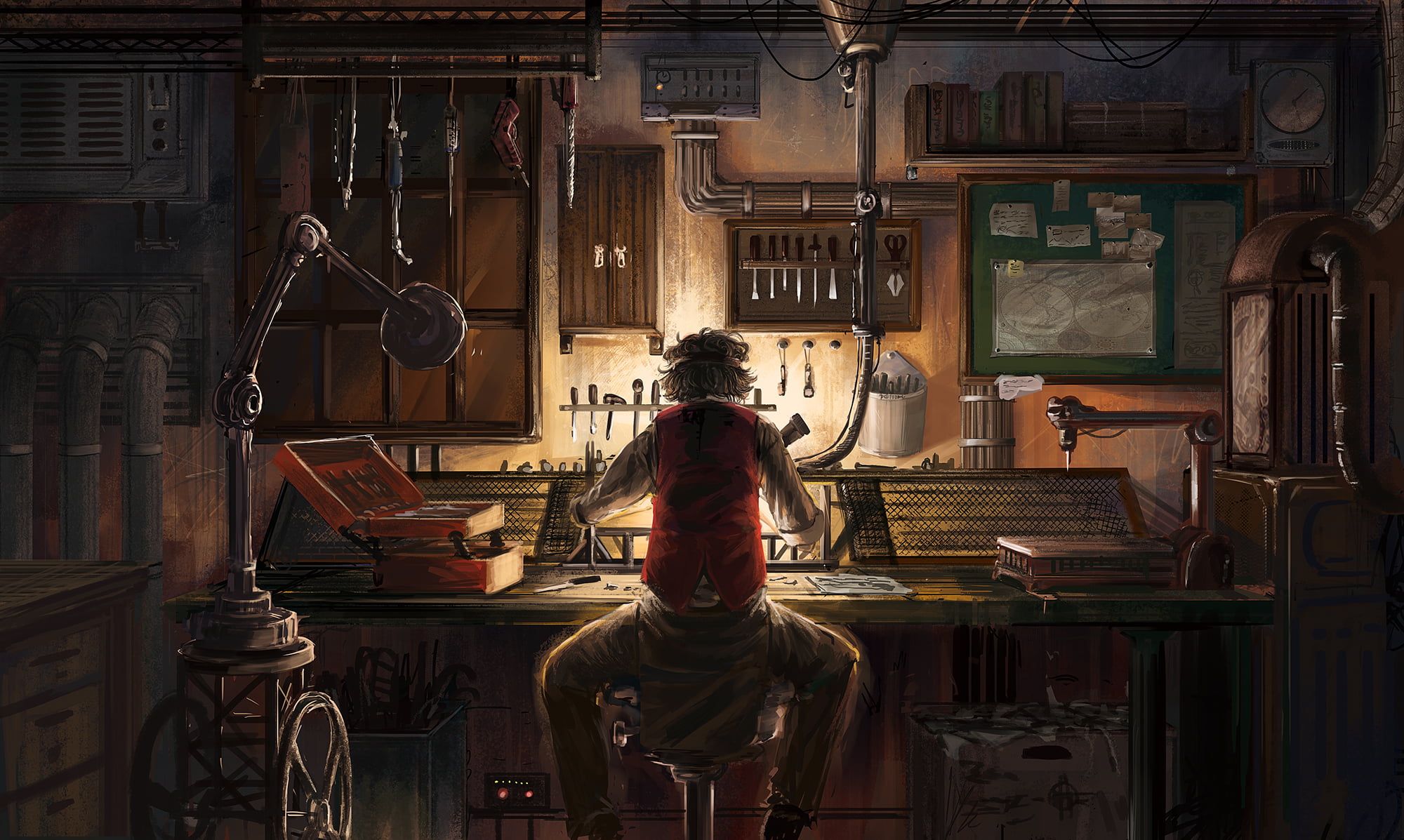 1080P, digital art, working out, work bench, steampunk, tools, HD Wallpaper