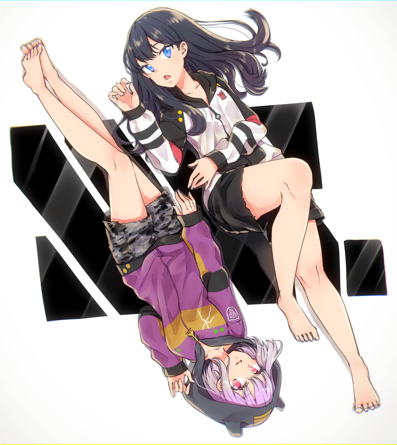 720P, barefoot, anime, blue eyes, Takarada Rikka, red eyes, anime girls, SSSS.GRIDMAN, Akane Shinjou, pink hair, feet, dark hair, legs, Phone HD Wallpaper
