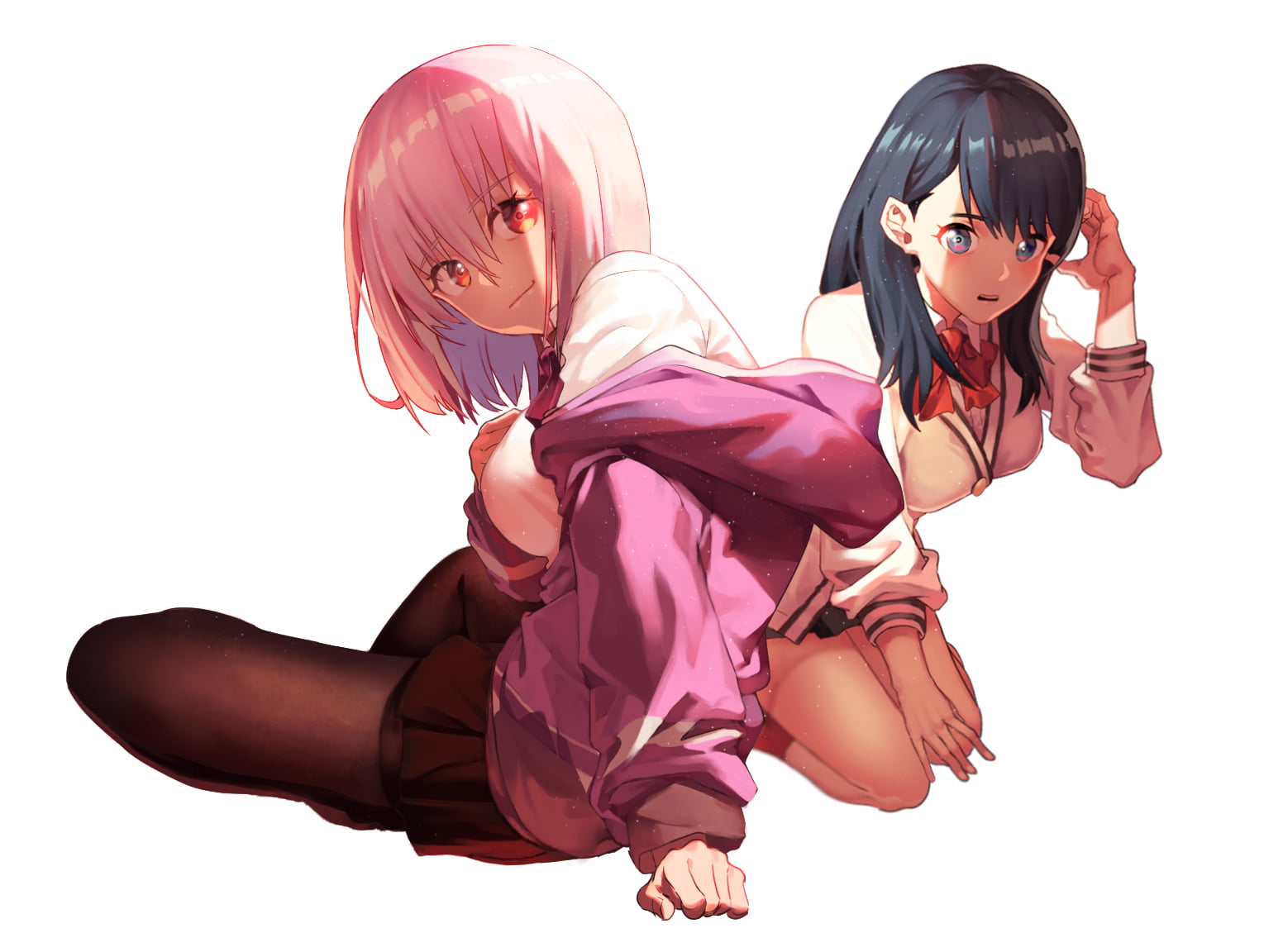 anime girls, artwork, schoolgirl, digital art, 2D, anime, illustration, Takarada Rikka, Shinjou Akane, pink hair, white background, SSSS.GRIDMAN, fan art, HD Wallpaper