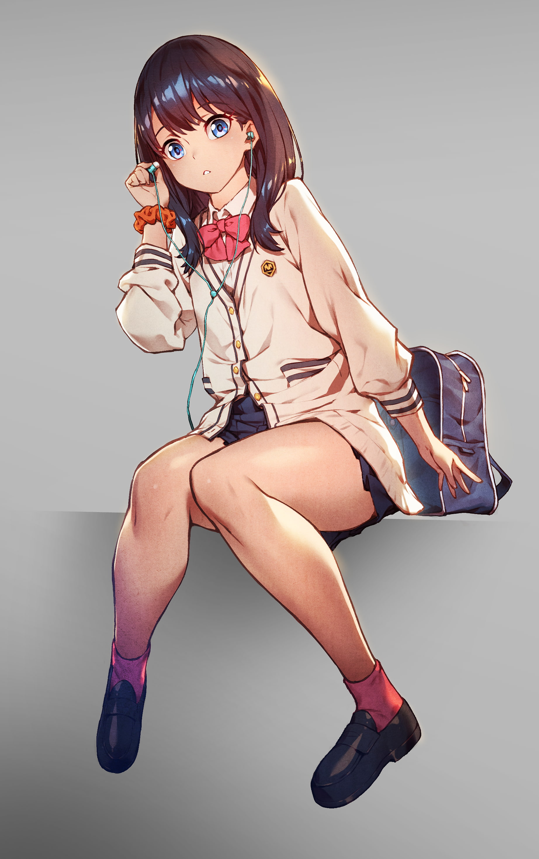 2K, sitting, schoolgirl, gray background, dark hair, 2D, SSSS.GRIDMAN, anime girls, illustration, Takarada Rikka, looking at viewer, digital art, portrait display, Phone HD Wallpaper