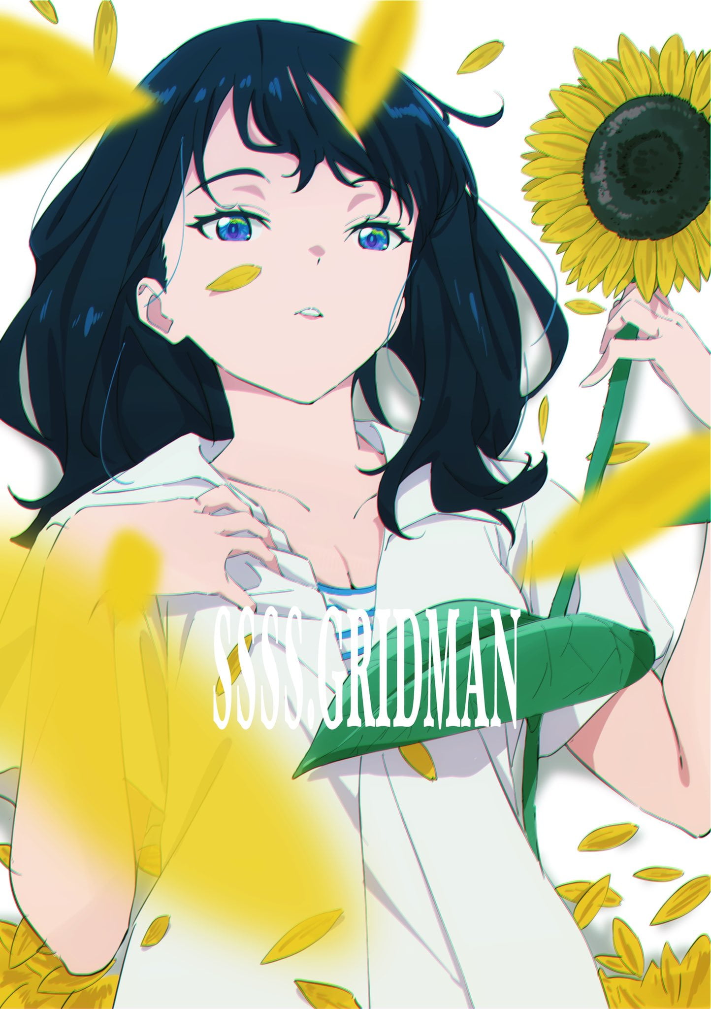 sunflowers, fan art, vertical, black hair, Takarada Rikka, simple background, blue eyes, SSSS.GRIDMAN, 2D, anime girls, looking at viewer, 1080P, long hair, Phone HD Wallpaper