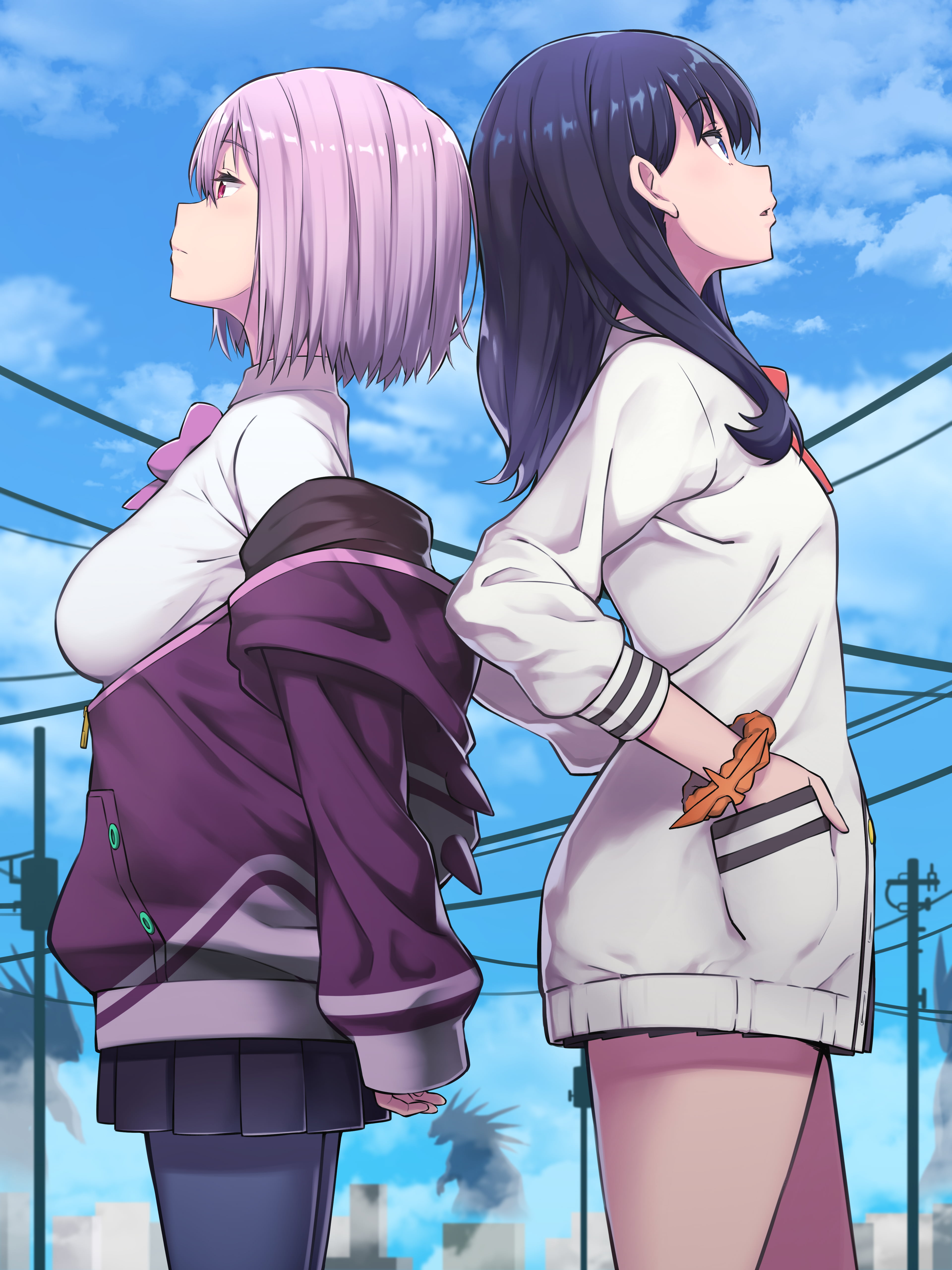 looking into the distance, clouds, 2D, Takarada Rikka, Takahan0508, fan art, illustration, anime, dark hair, SSSS.GRIDMAN, profile, Shinjou Akane, kaiju, Phone HD Wallpaper