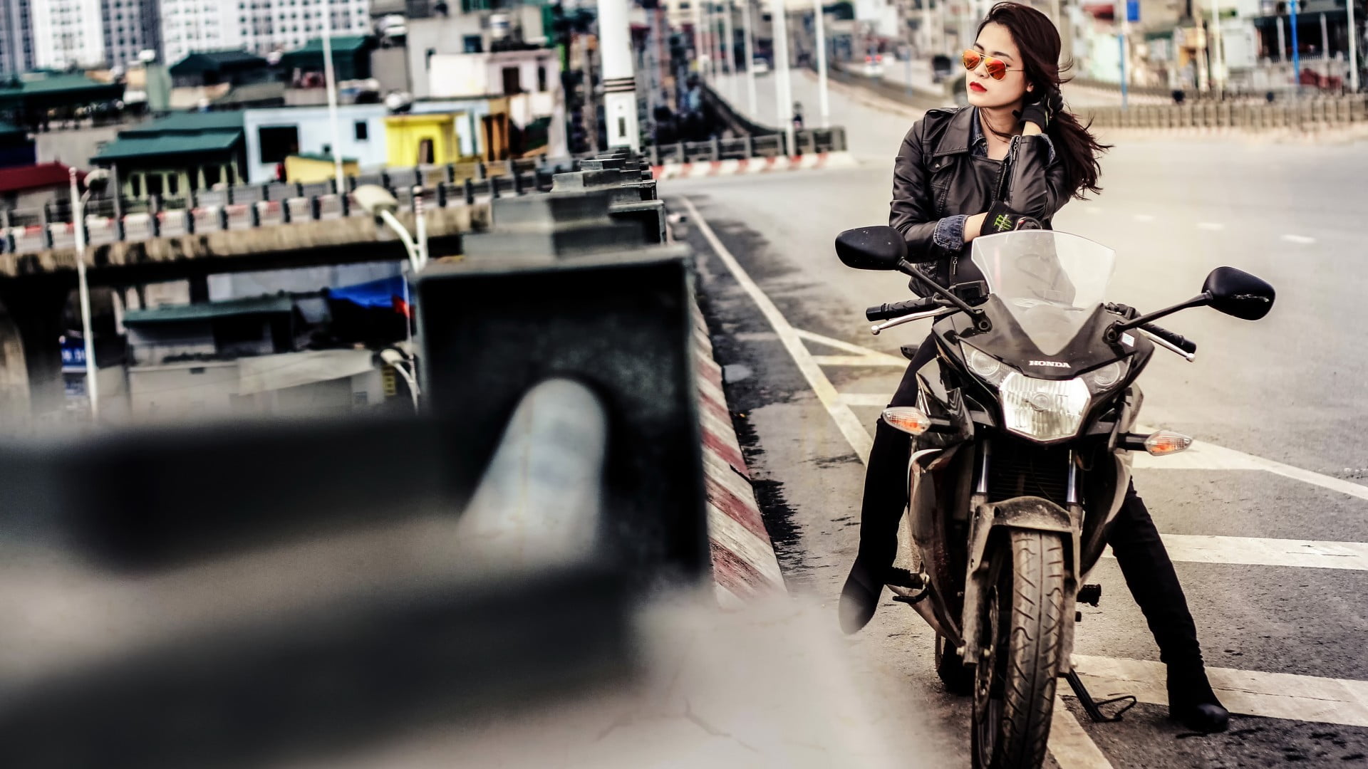 leather jacket, leisure activity, Asian, mode of transportation, red lipstick, adult, casual clothing, one person, outdoors, beautiful woman, city, women, HD Wallpaper