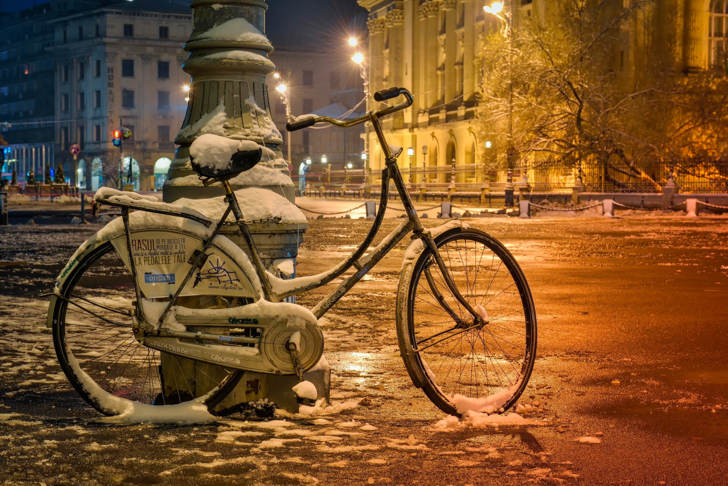 bike, street, snow, Bucharest, 1080P, HD Wallpaper