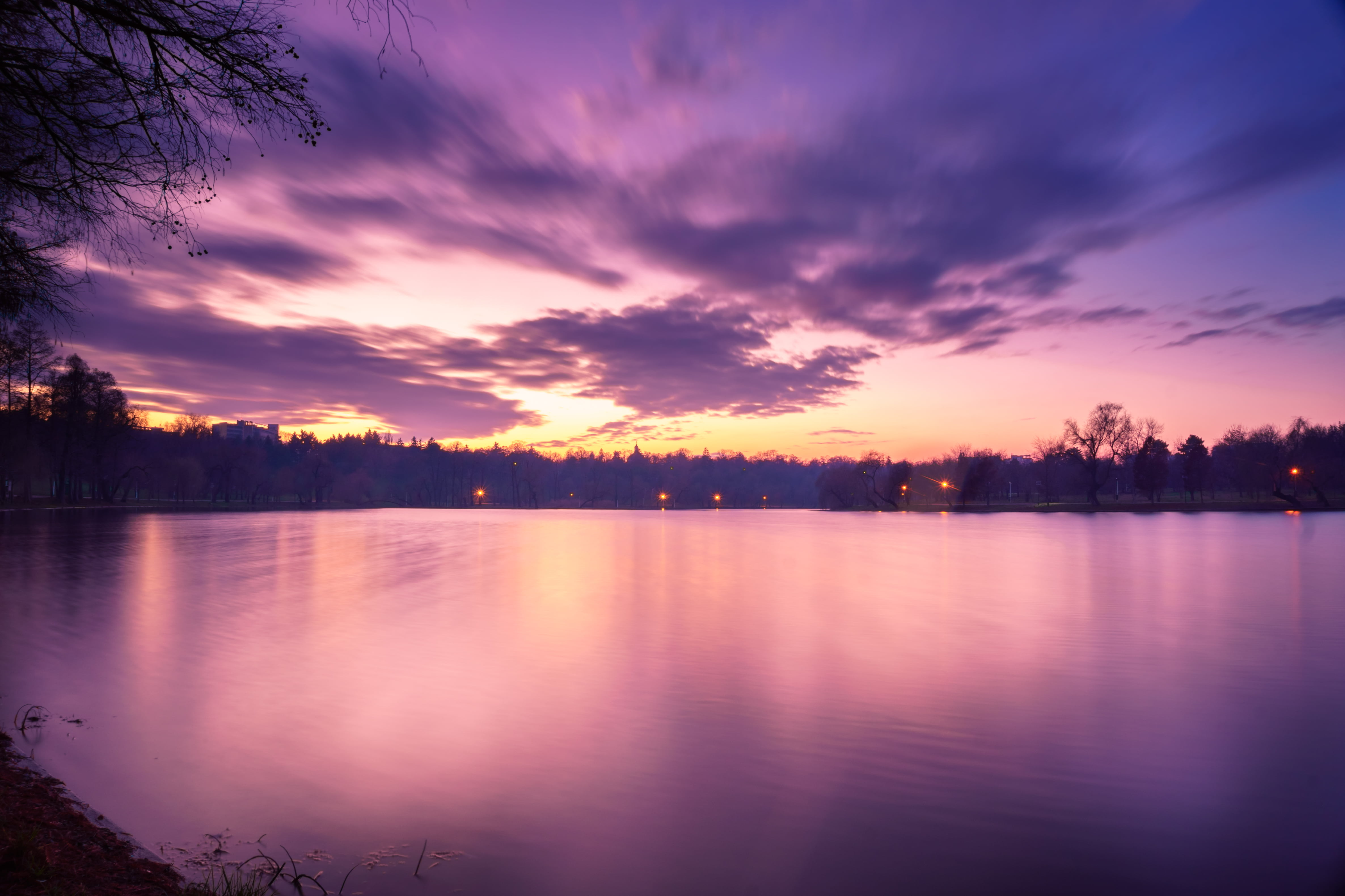 sun, water, white sky, sunlight, body of water, summer, white, outdoors, reflection, dusk, purple, Romania, nature, forest, lake, sky, tree, scenics, Pink, HD Wallpaper