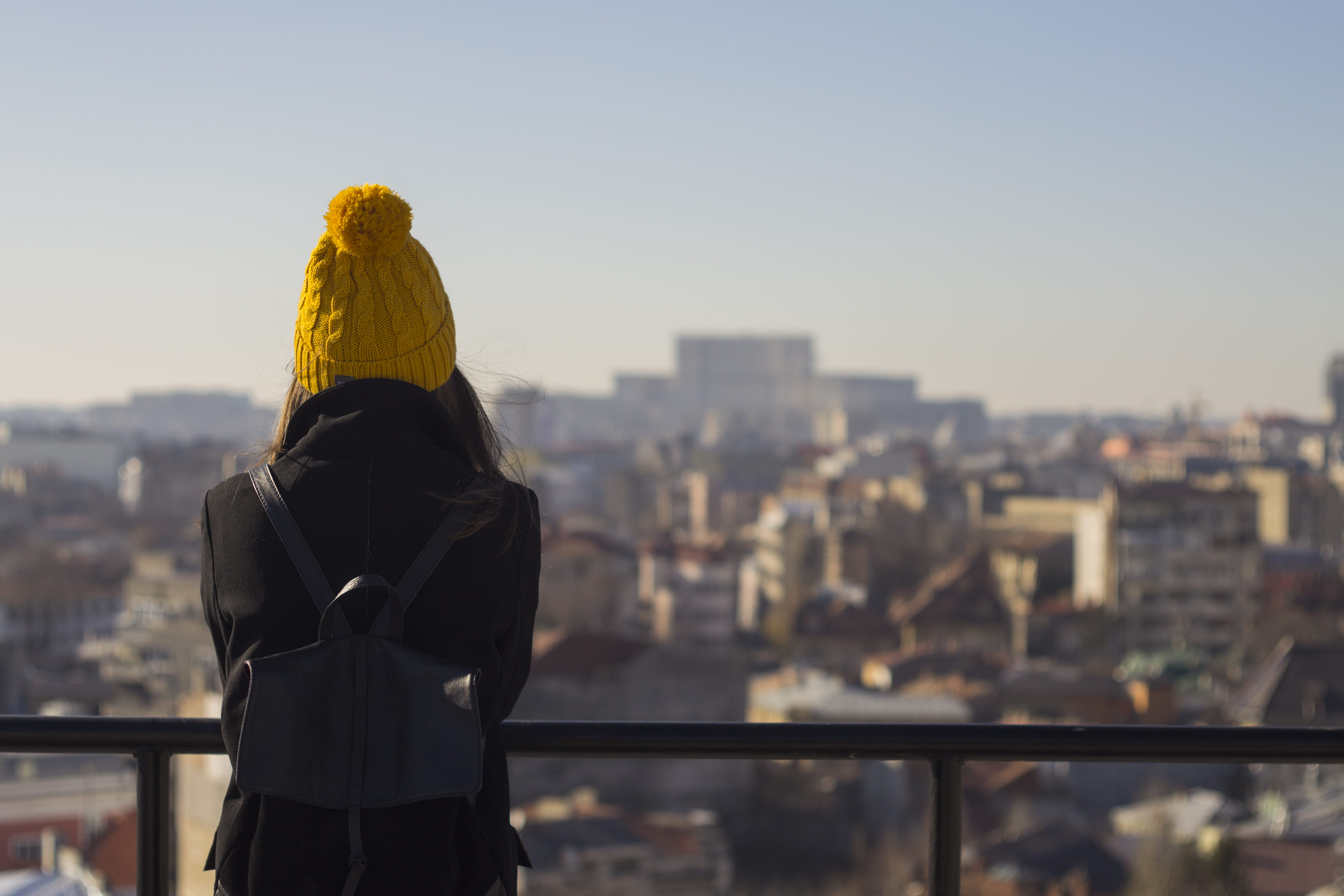 panorama, built structure, cityscape, vibe, adult, one person, waist up, city, sky, girl, rear view, real people, focus on foreground, three quarter length, HD Wallpaper