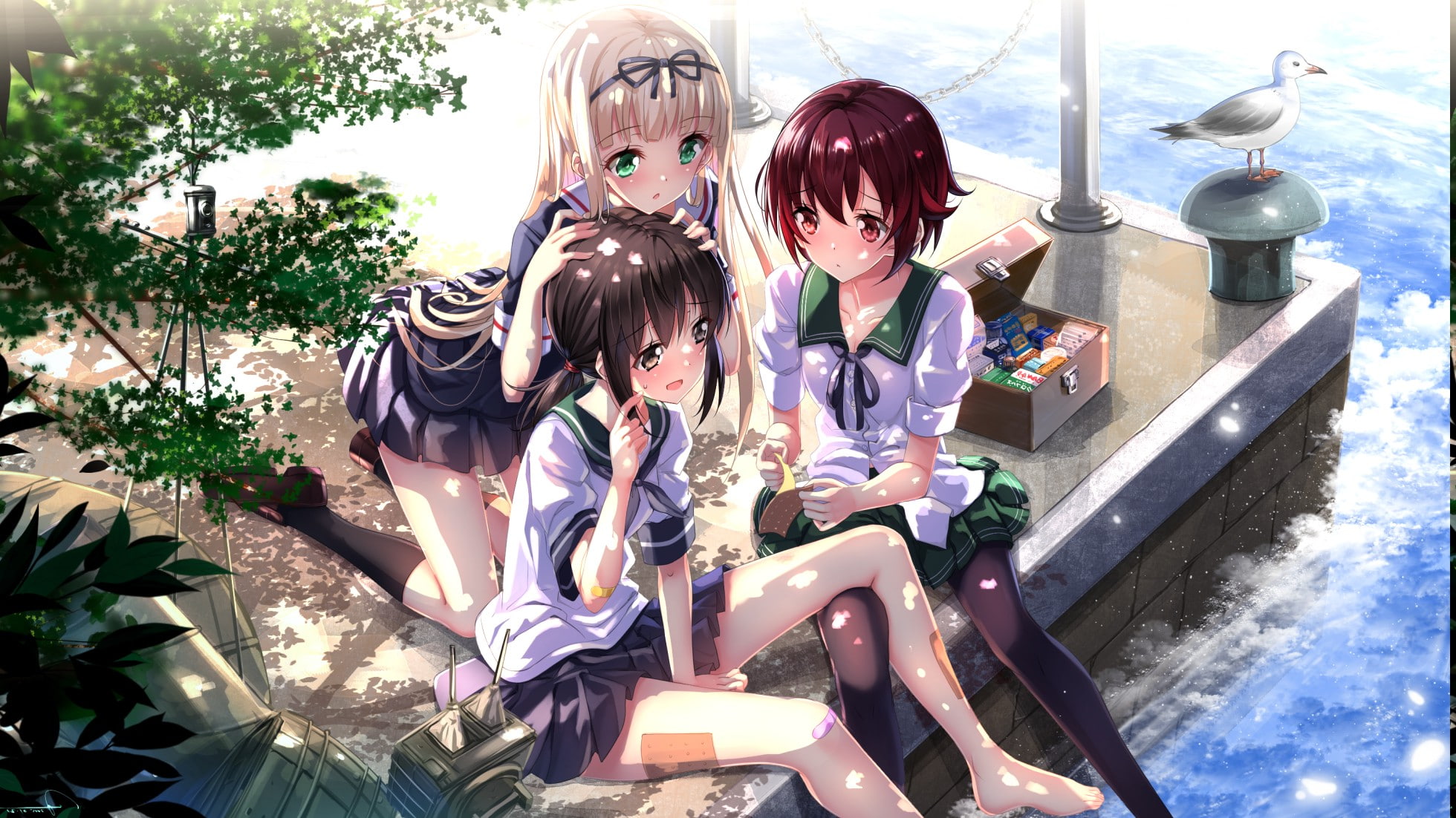 glasses, nature, females, anime, ribbon, togetherness, Thigh highs, Sheet, girls, childhood, day, leisure activity, sitting, Anime Girls, birds, sister, HD Wallpaper