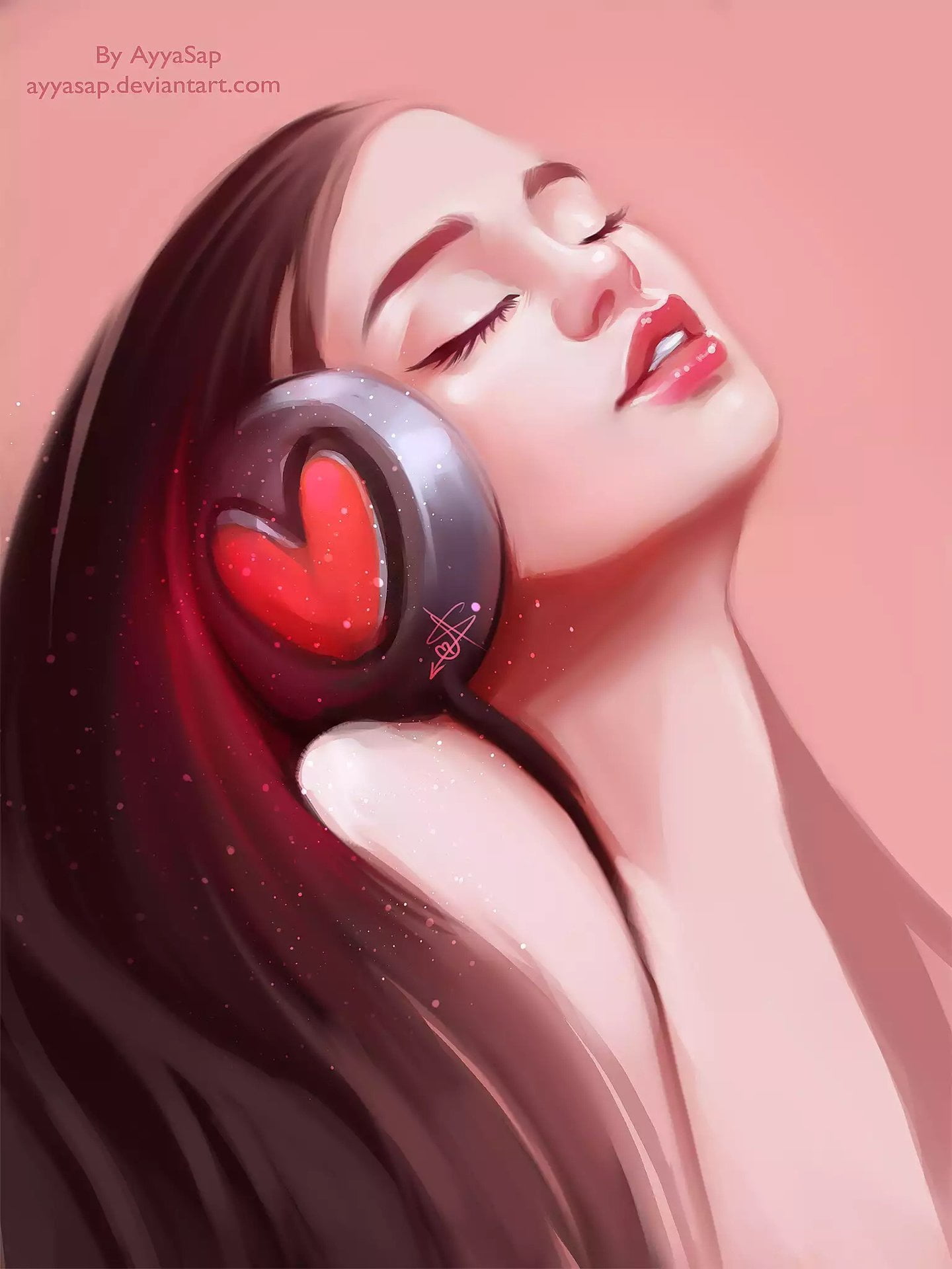 AyyaSAP, face, closed eyes, Chill Out, ArtStation, artwork, pink background, heart figure, long hair, music, women, headphones, open mouth, digital art, Phone HD Wallpaper