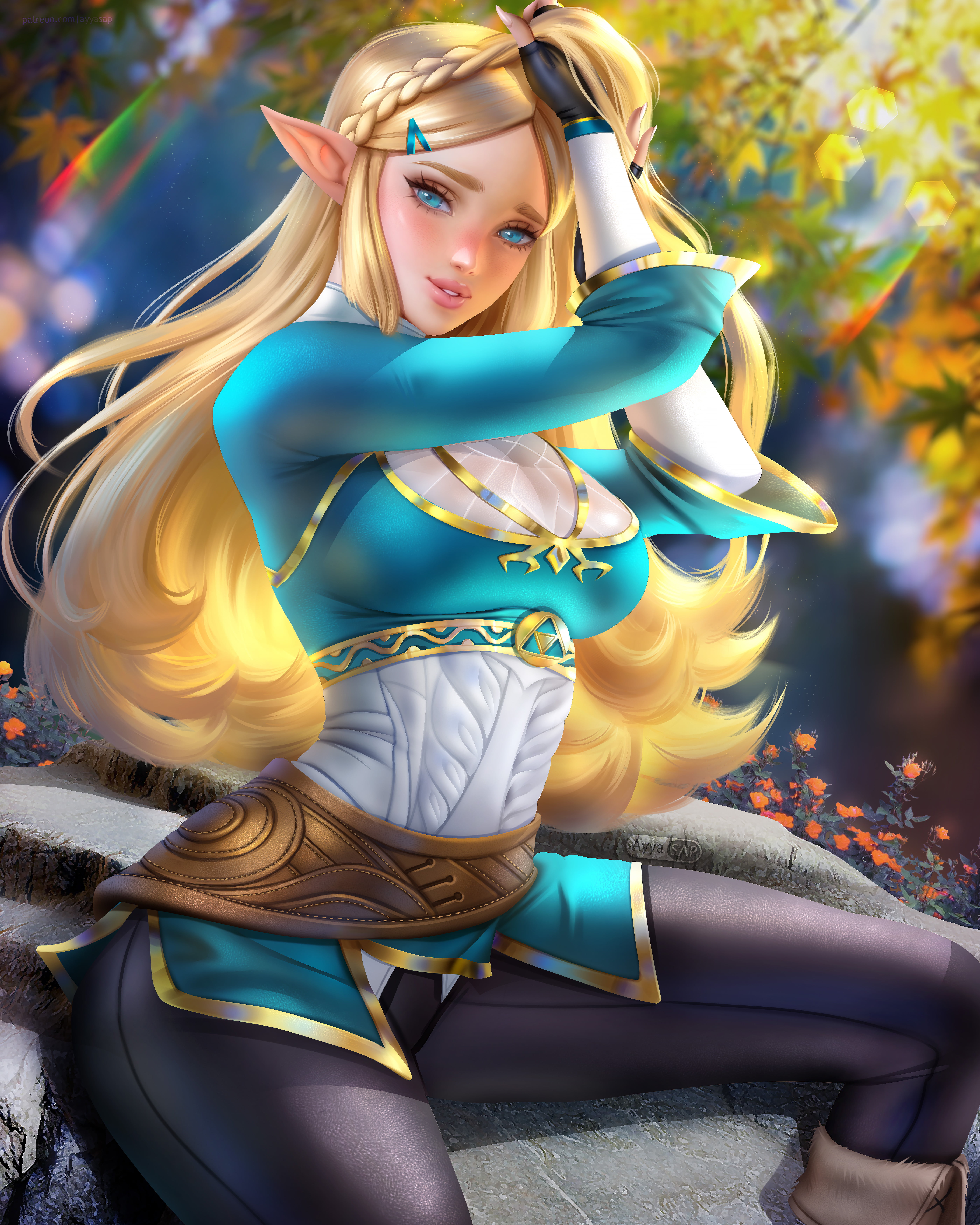 fan art, blue eyes, Nintendo, Zelda, looking at viewer, parted lips, The Legend of Zelda, elves, 5K, sitting, Princess Zelda, illustration, Ayya Saparniyazova, Phone HD Wallpaper