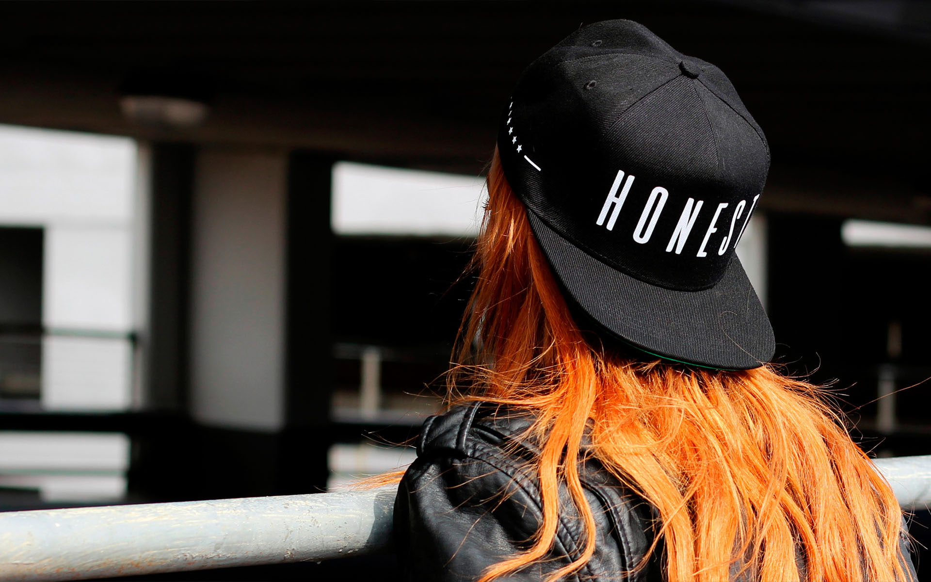architecture, text, 1080P, rear view, hairstyle, redhead, adult, casual clothing, real people, headshot, one person, lifestyles, leather jackets, women, HD Wallpaper