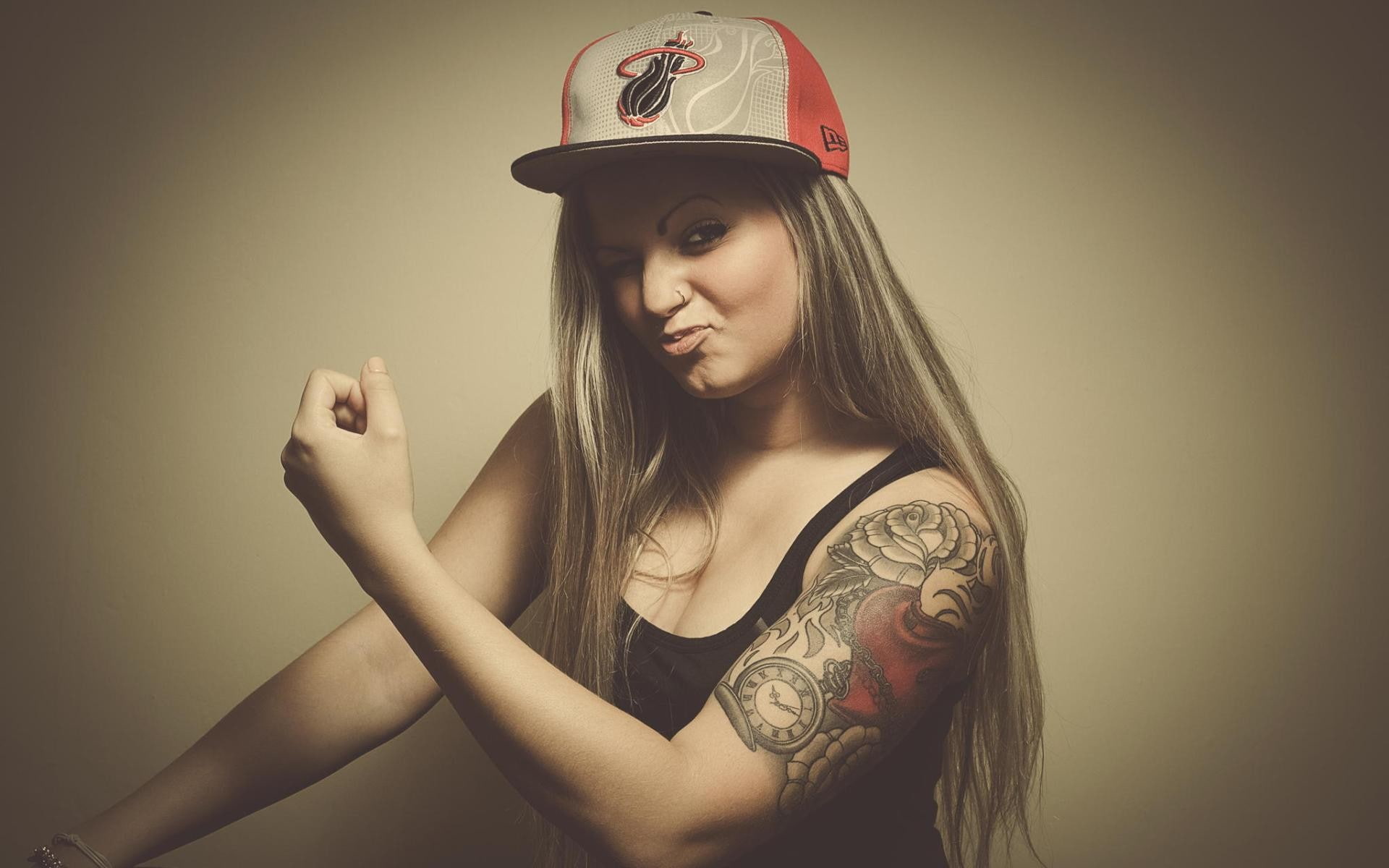 young women, portrait, 1080P, studio shot, baseball cap, front view, looking at camera, tattoo, hat, clothing, long hair, cap, lifestyles, young adult, HD Wallpaper