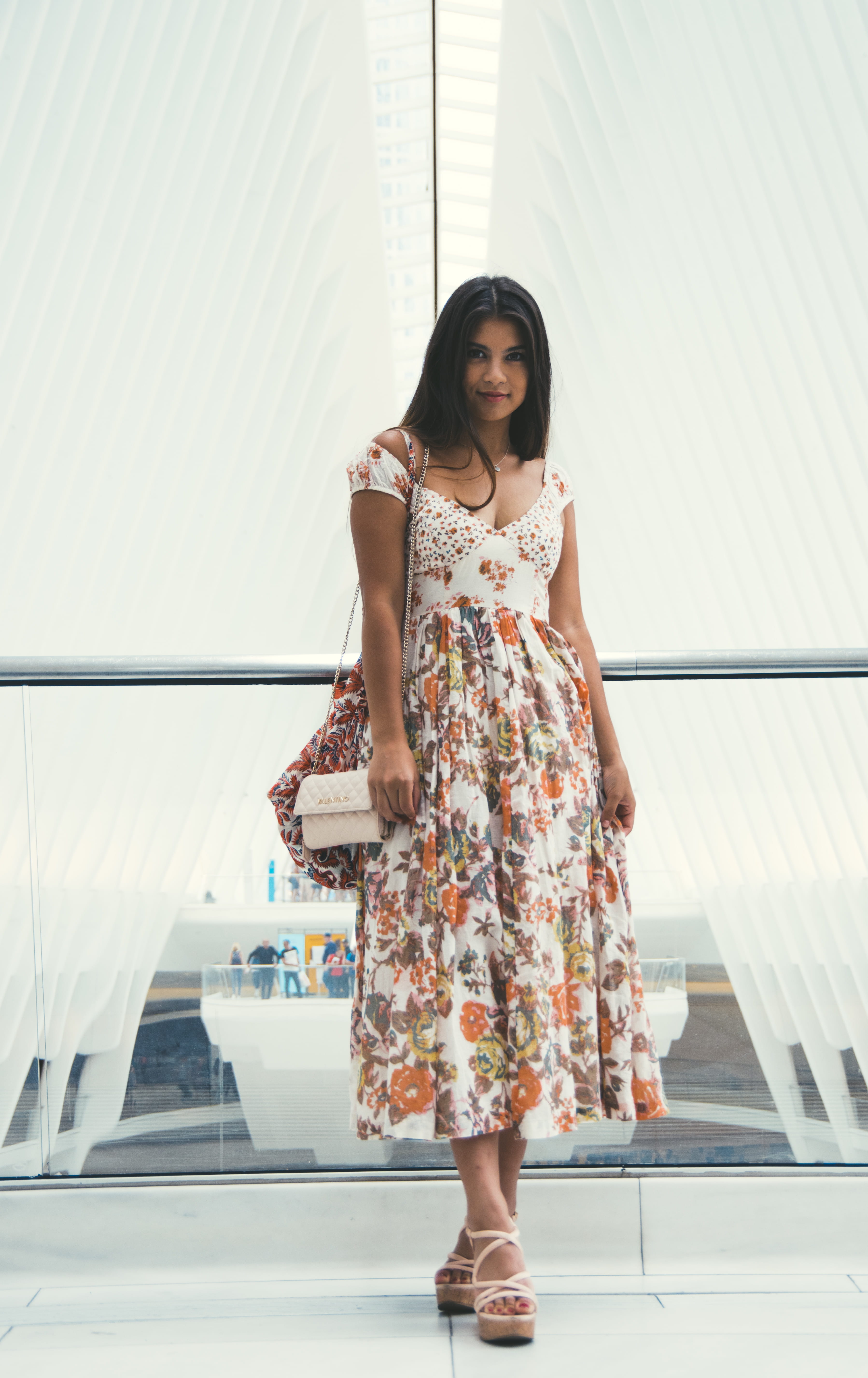 young women, style, sleeved, woman, one person, beauty, dress, smiling, white, glamour, fashionable, full length, orange, wear, floral pattern, standing, Phone HD Wallpaper