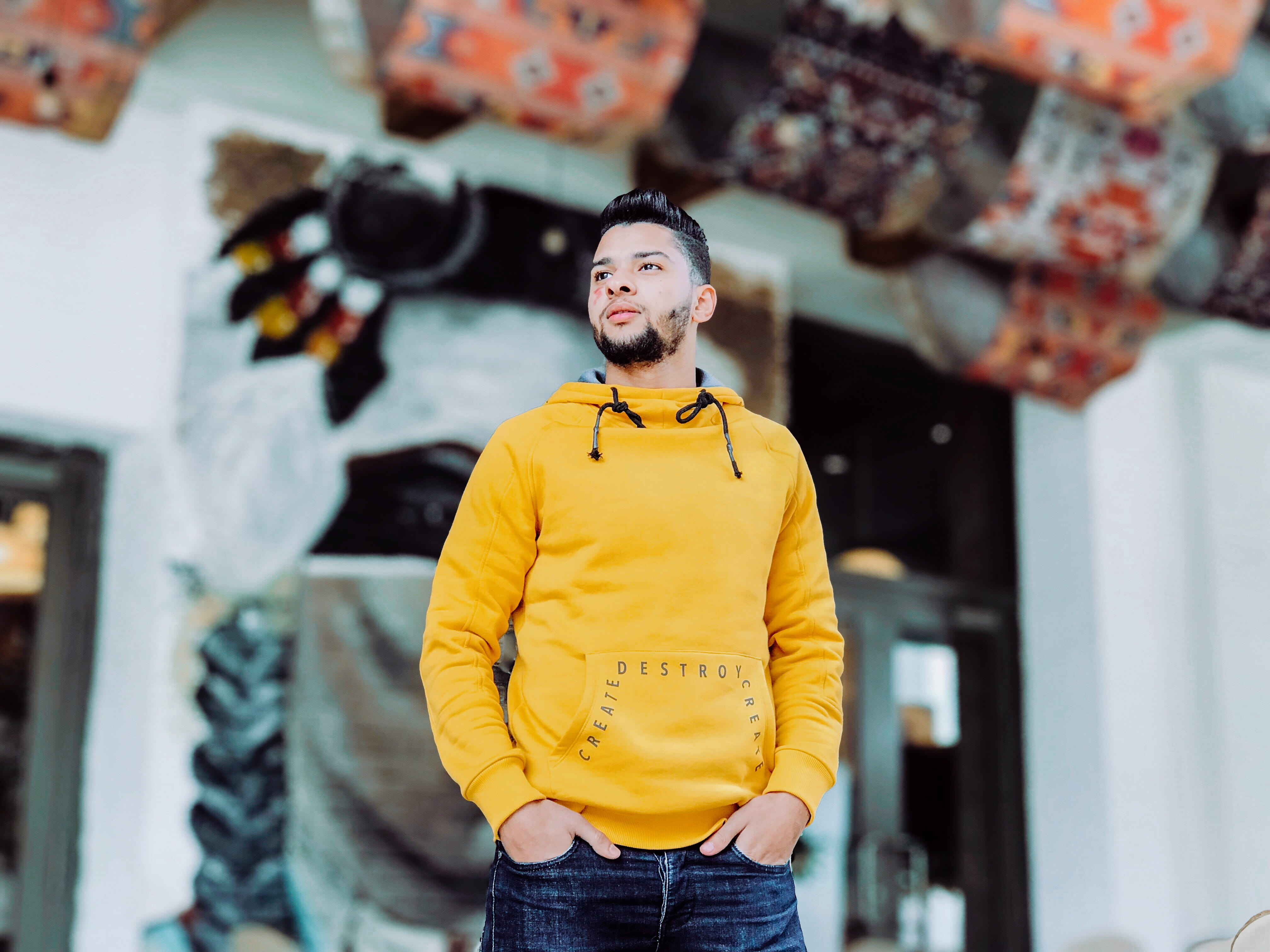 three quarter length, yellow, architecture, facial expression, casual clothing, waist up, wear, street, photoshoot, looking, young adult, outfit, male, HD Wallpaper