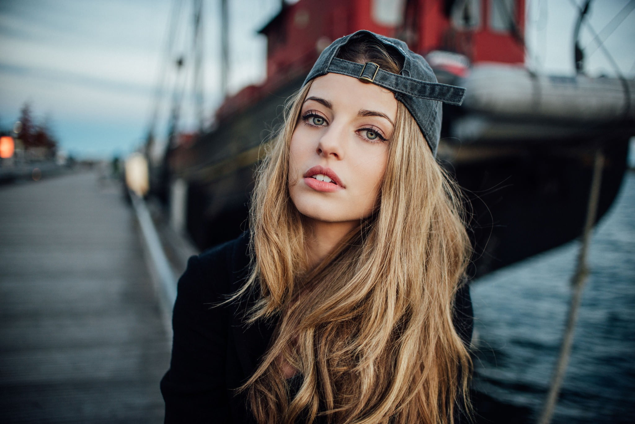 sailboat, long hair, beautiful woman, transportation, beauty, portrait, focus on foreground, 1080P, water, face, day, hair, Eliana Jones, looking at camera, HD Wallpaper