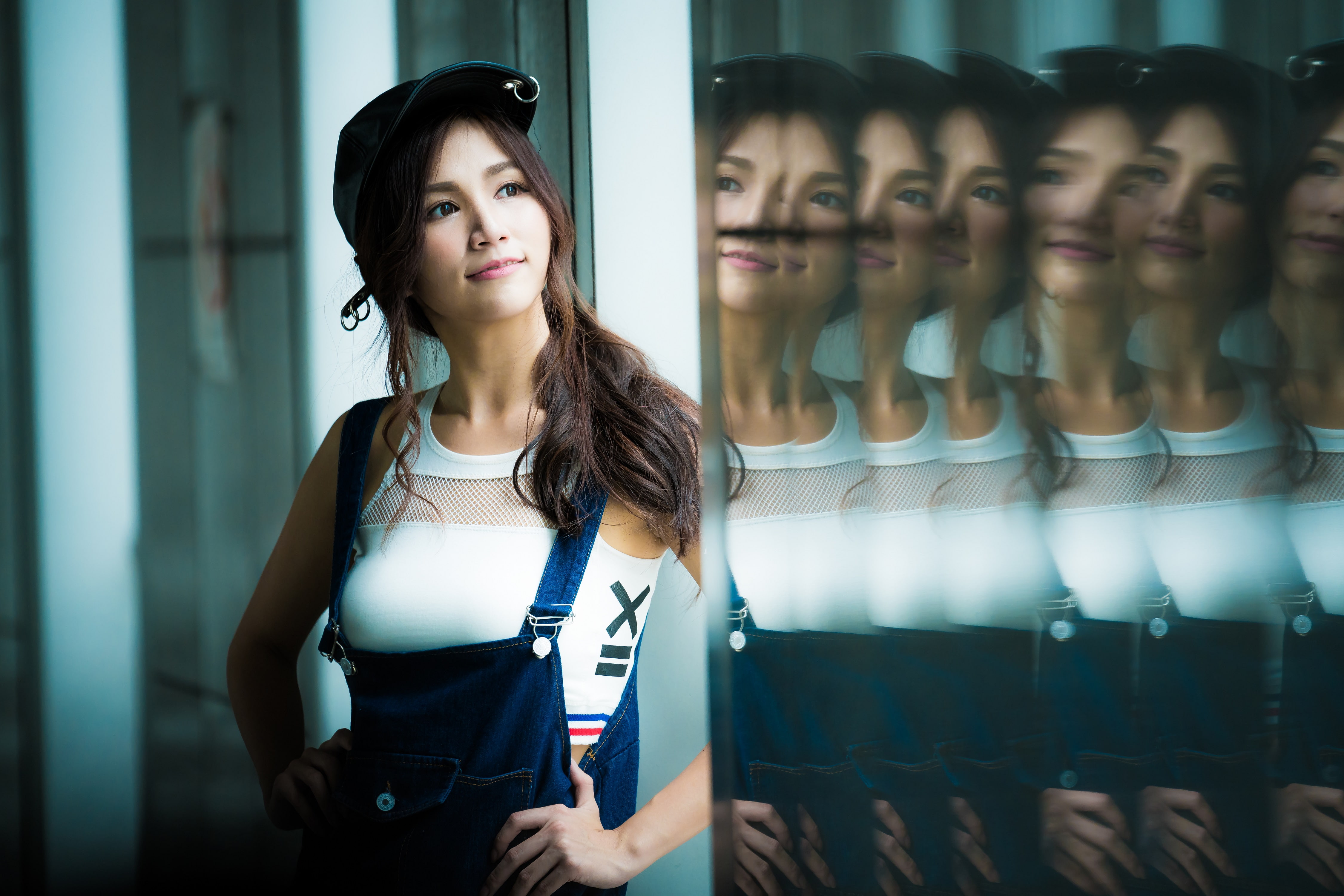 brunette, 4K, overalls, hands on hips, women, model, reflection, white tops, baseball caps, Asian, portrait, HD Wallpaper