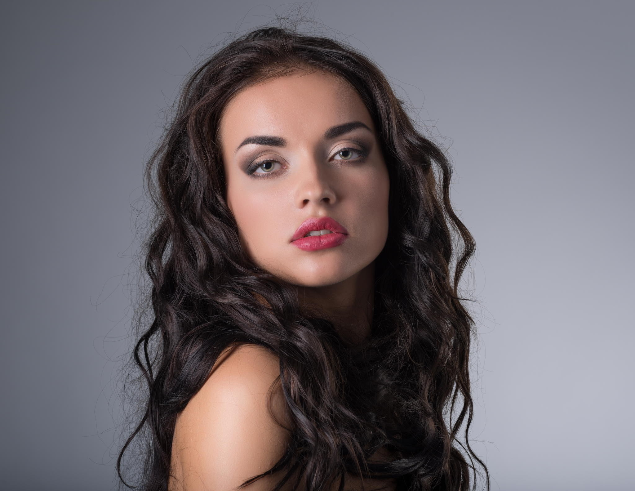 looking at viewer, pink lipstick, women, 1080P, closeup, model, brunette, portrait, HD Wallpaper