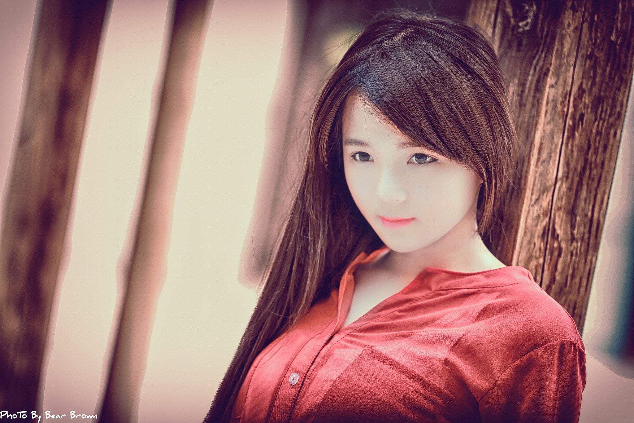 brunette, young women, lipstick, young adult, red shirt, 1080P, real people, beauty, hair, long hair, hairstyle, Asian, front view, smiling, women, eyeliner, HD Wallpaper