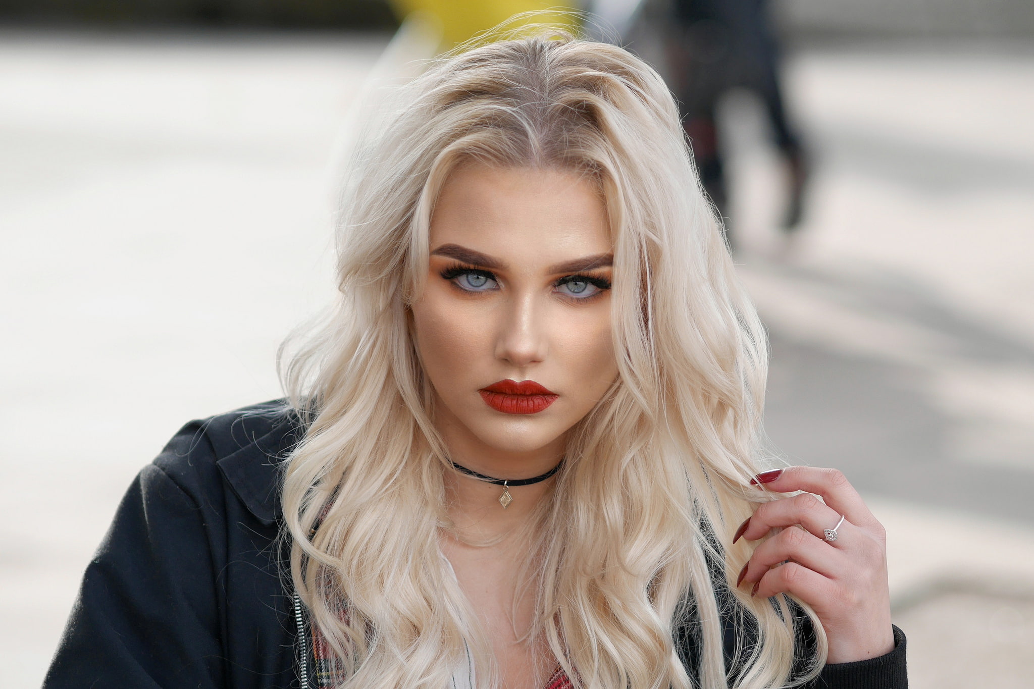 blonde, women, red nails, 1080P, face, HD Wallpaper
