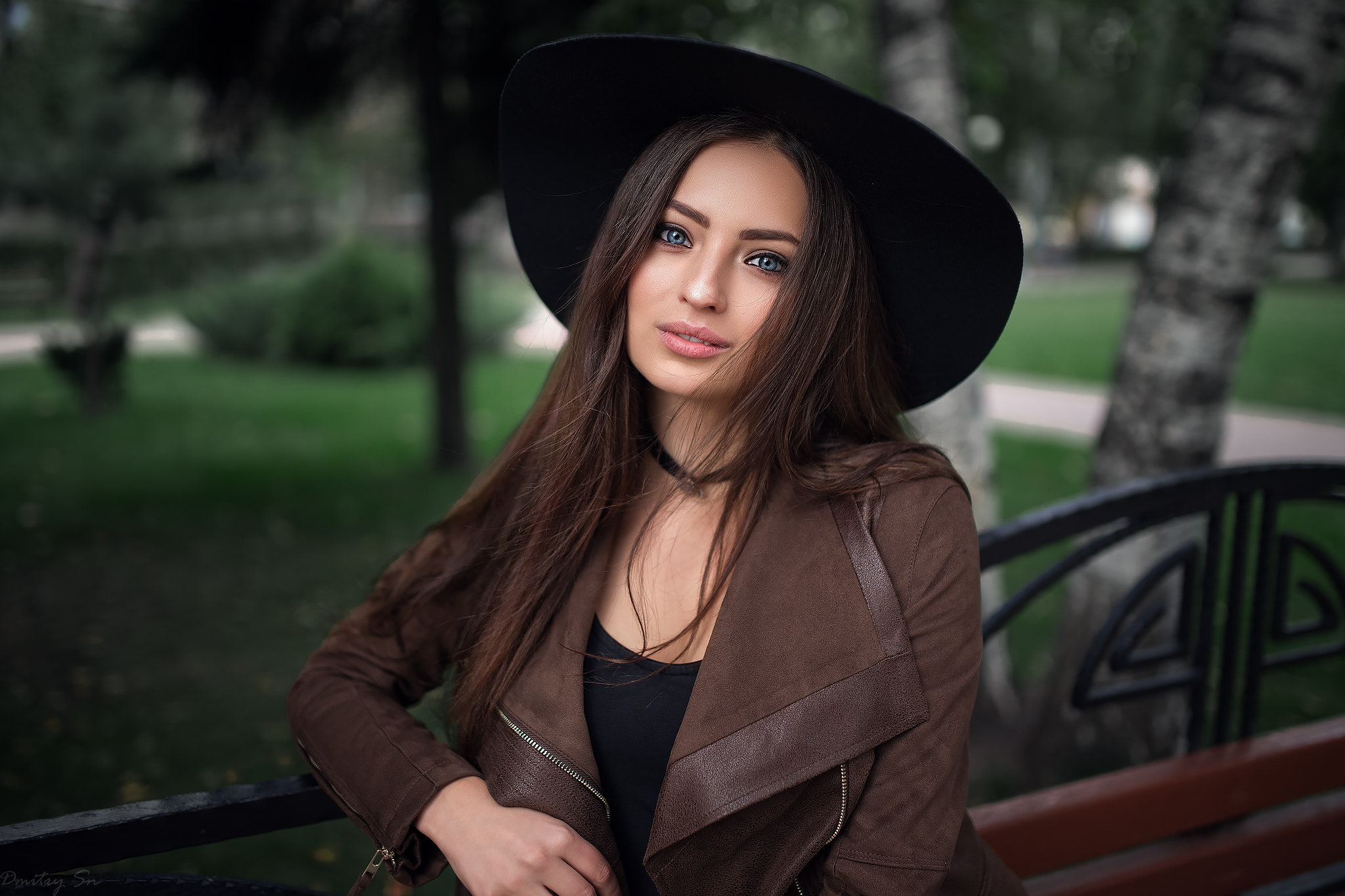 millinery, Veronika Avdeeva, straight hair, 1080P, long hair, blue eyes, women outdoors, hat, trees, Dmitry Shulgin, Veronica (Dmitry Sn), depth of field, HD Wallpaper