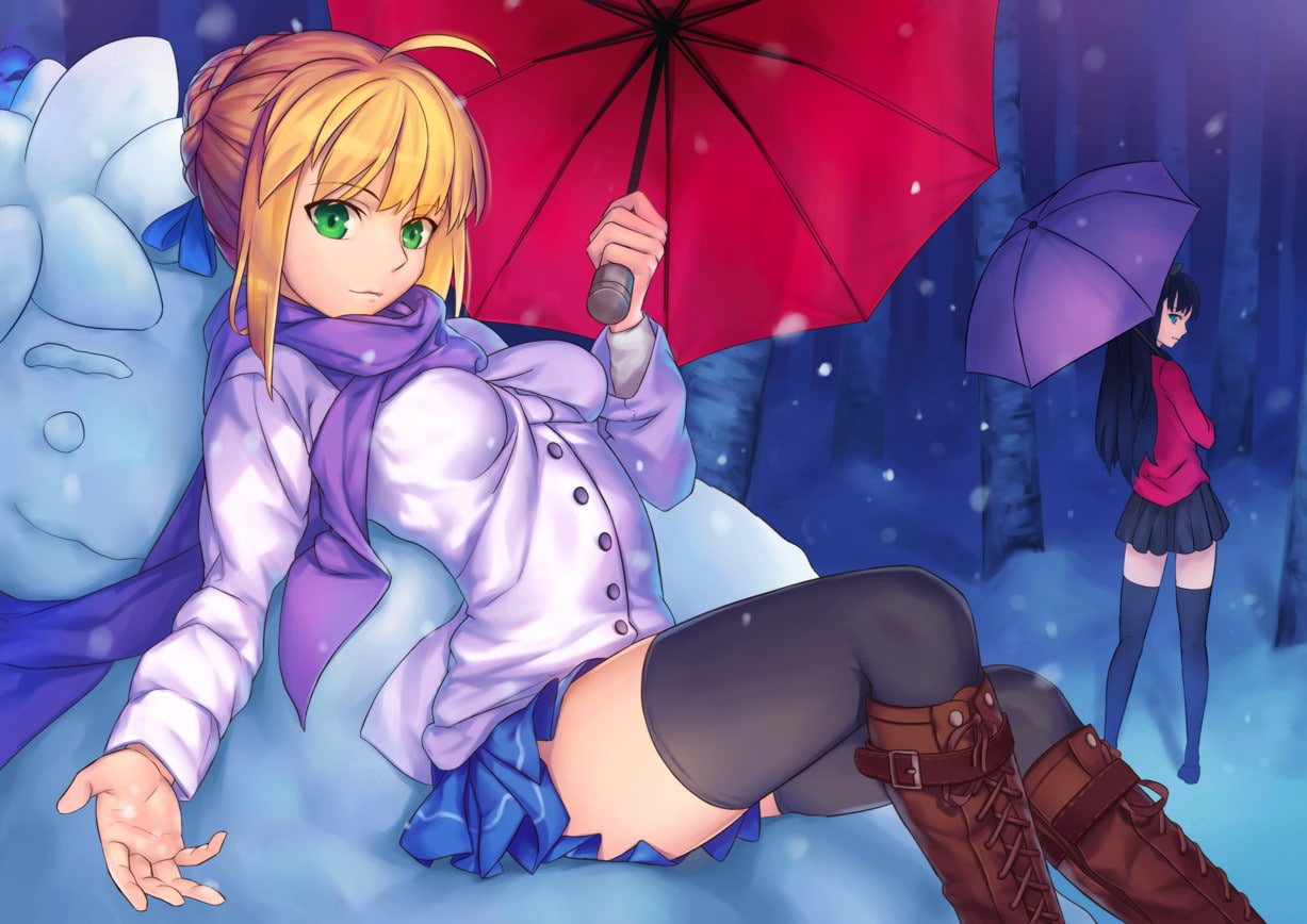 480P, Tohsaka Rin, Fate/Stay Night, Saber, thigh-highs, HD Wallpaper