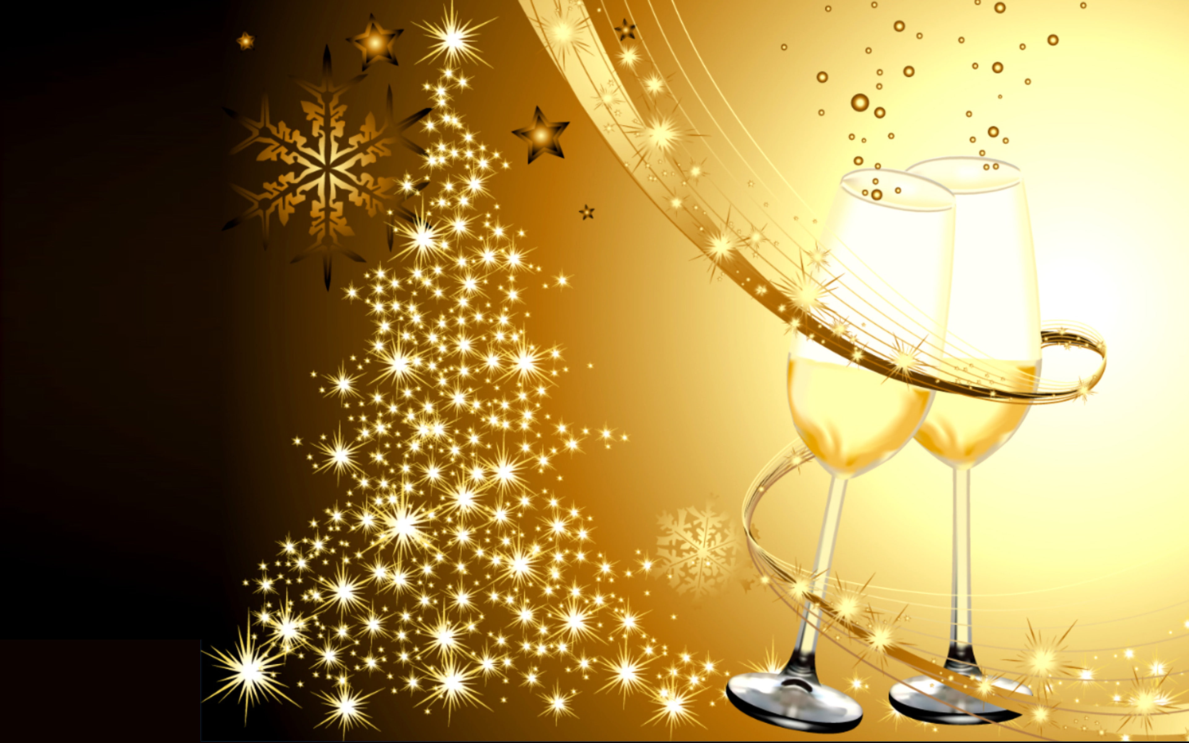 glasses, 4K, champagne, golden, christmas, background, year, new, happy, HD Wallpaper
