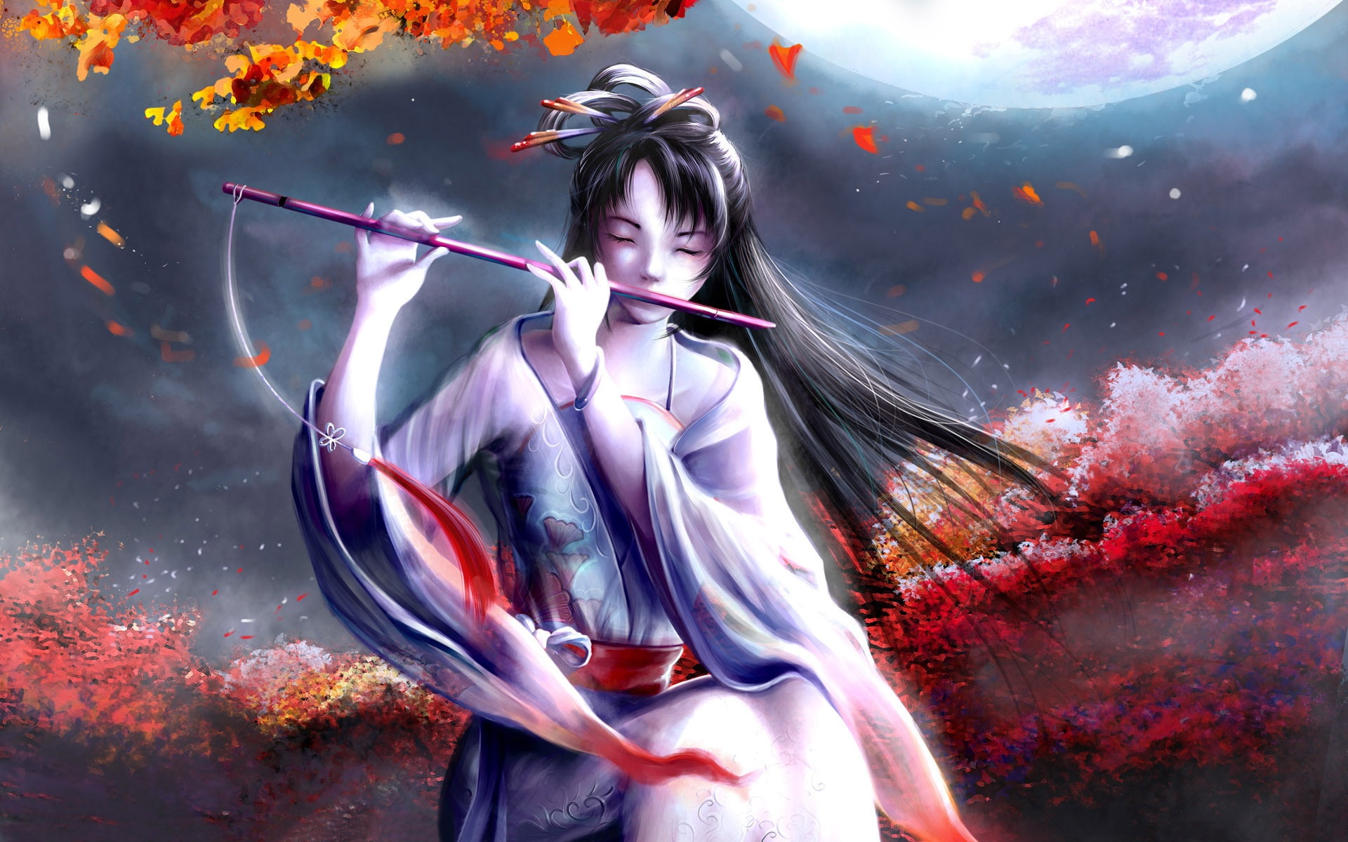 Flute, blowing, Girl, 1080P, Purple, HD Wallpaper