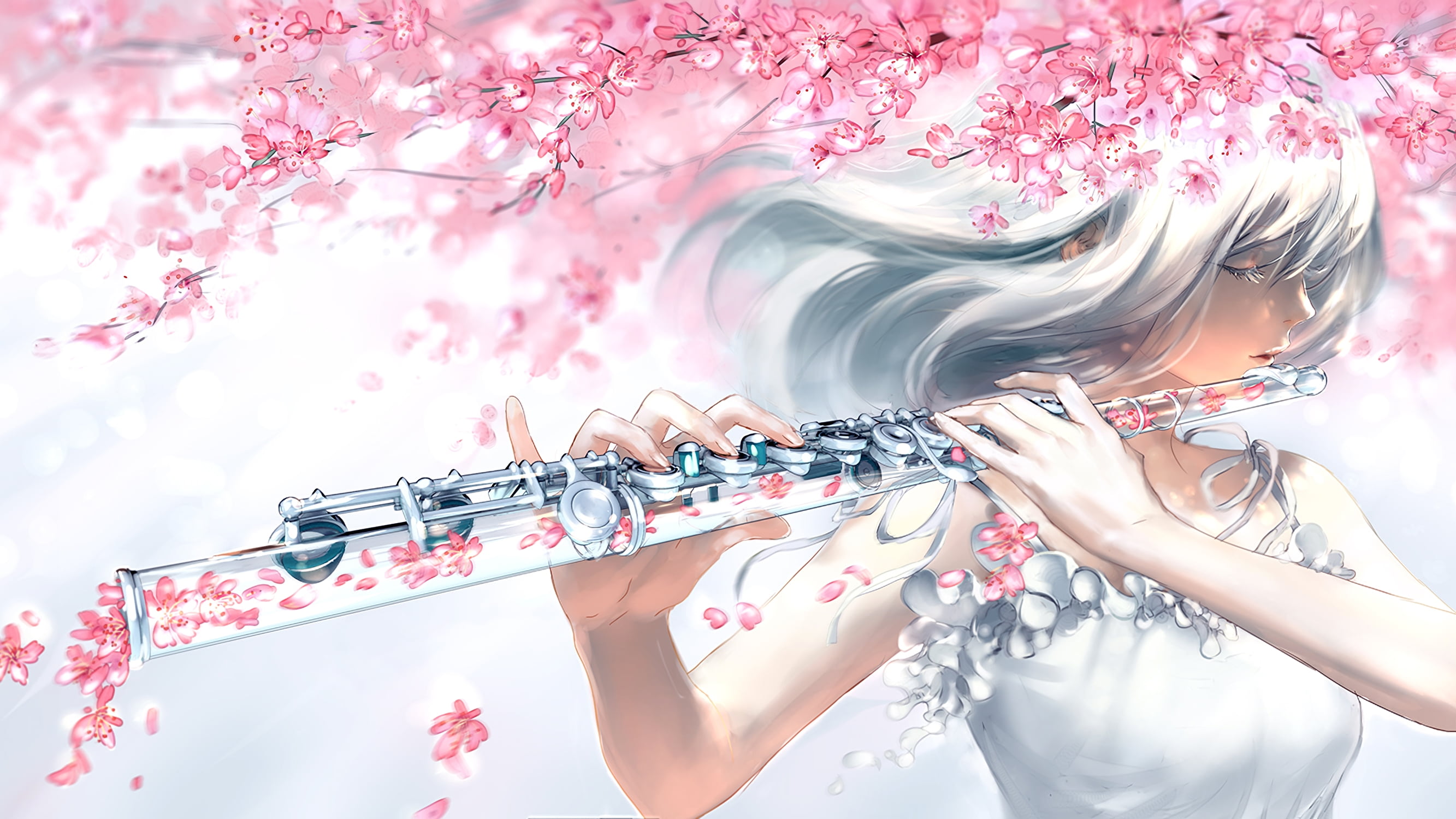 white hair, flute, petals, 2K, anime, HD Wallpaper