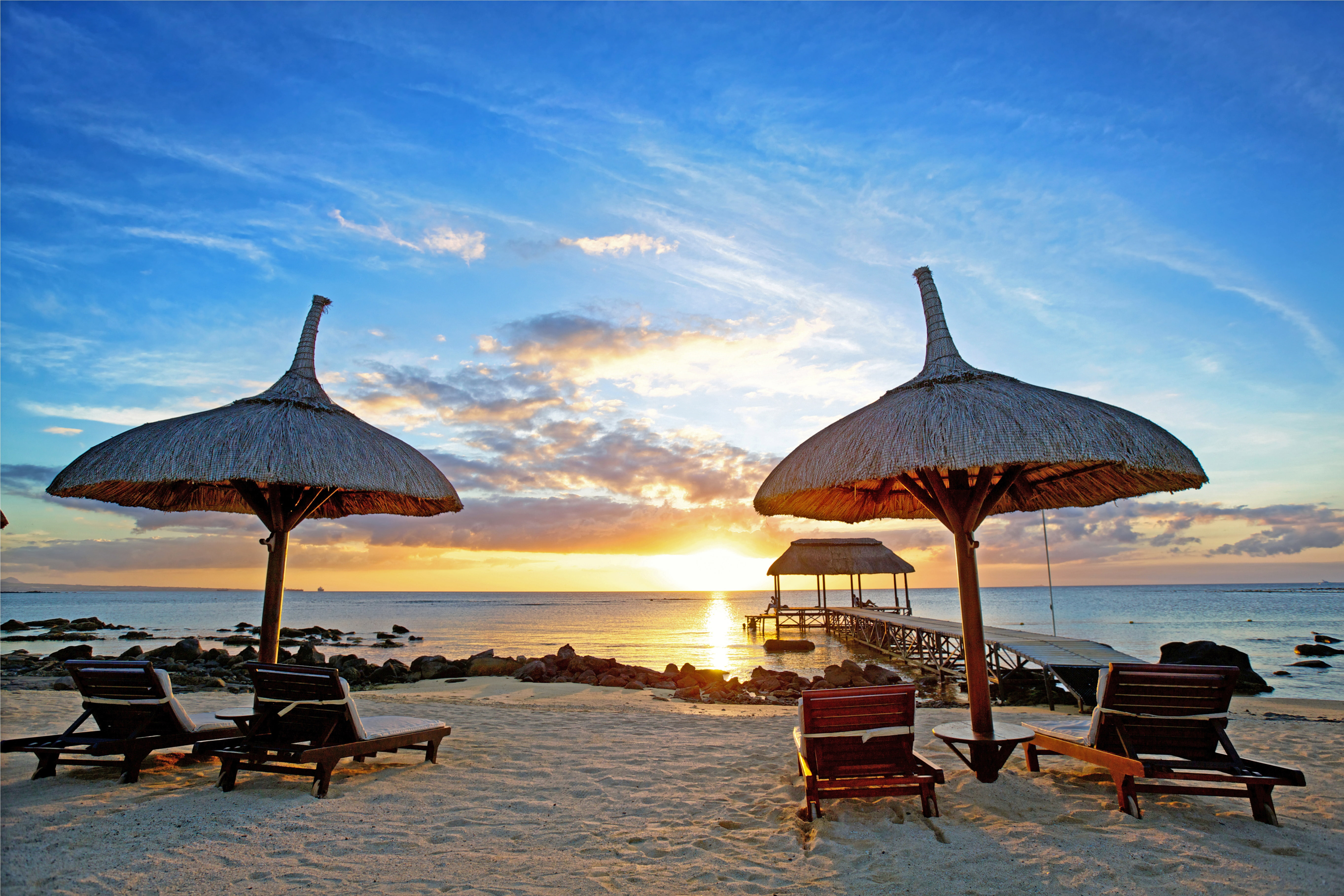 tropical, paradise, sea, vacation, indian ocean, sand, tropics, beach, lounge, sunset, Mauritius, brown, relax, shore, palm trees, island, two, 5K, chairs, HD Wallpaper