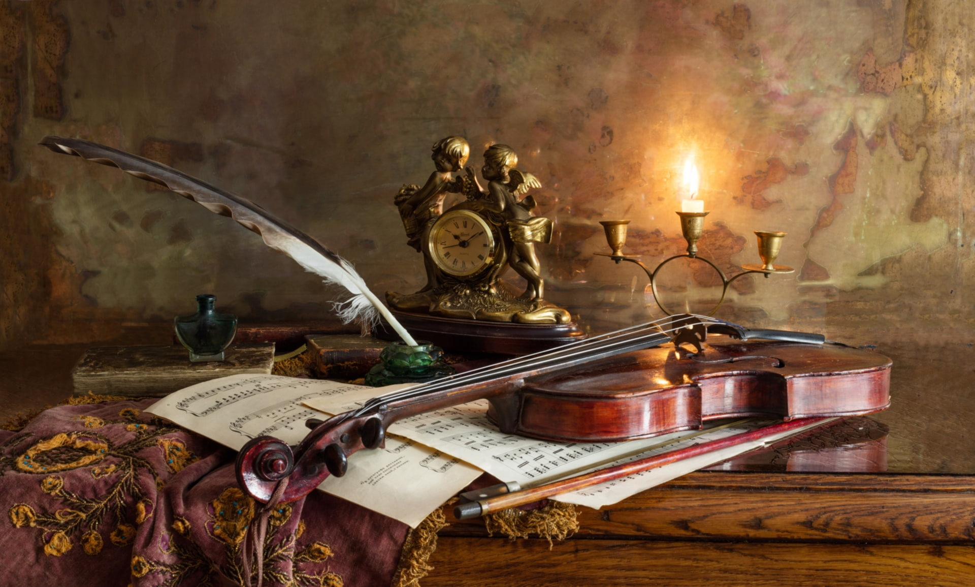 ink, notes, 1080P, violin, candle, pen, watch, HD Wallpaper