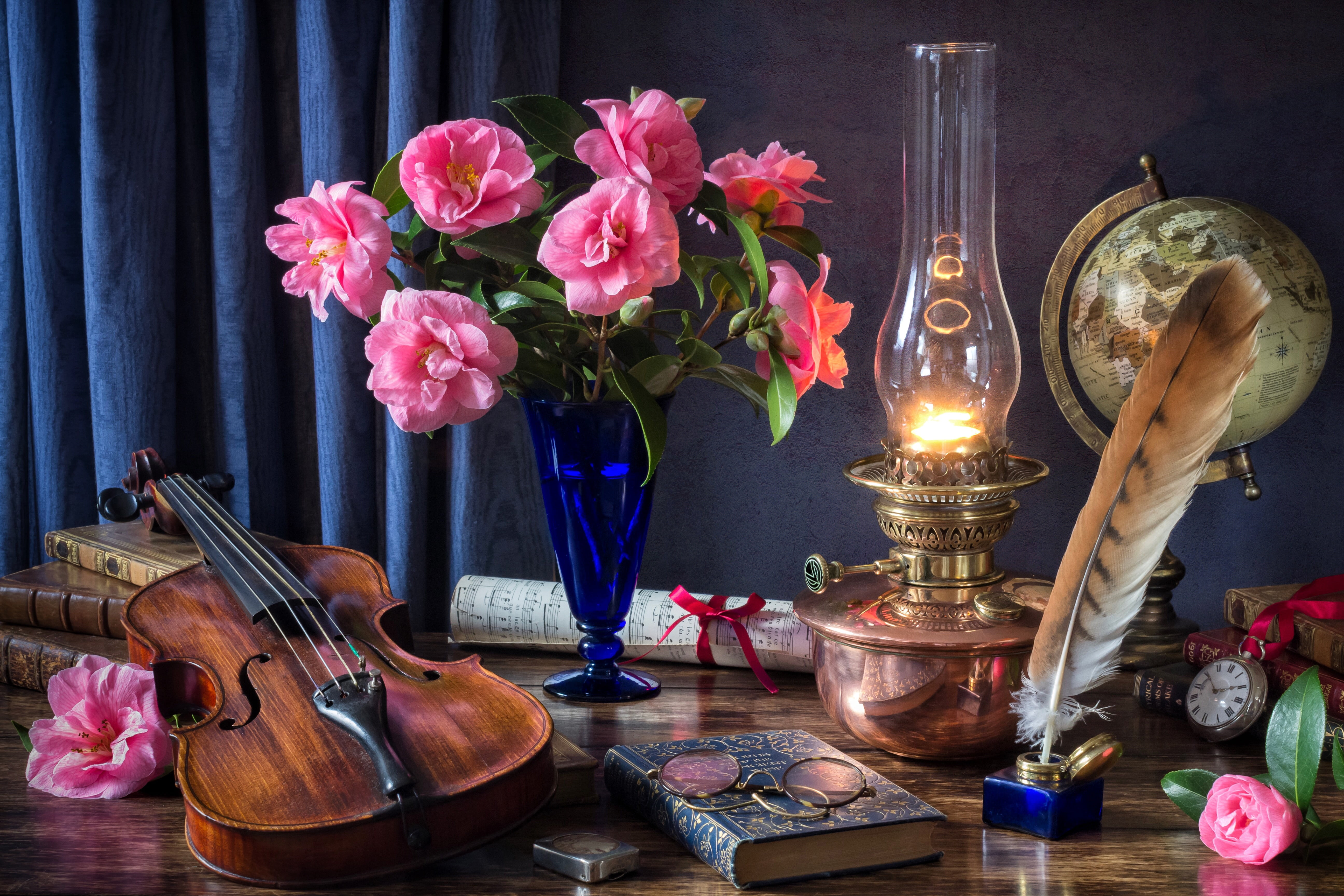 books, glasses, still, notes, pen, flowers, bouquet, watch, globe, lamp, 5K, violin, Camellia, HD Wallpaper