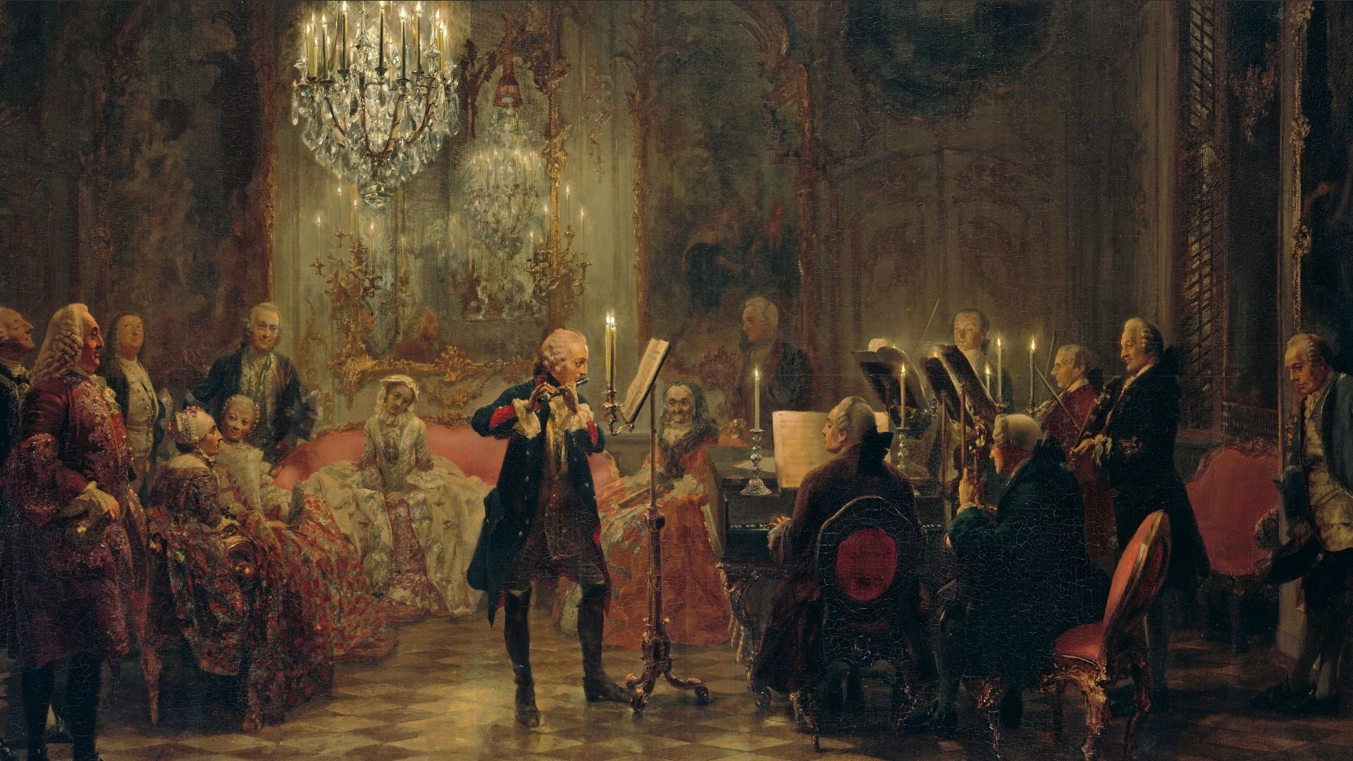 Sanssouci, Concert, of, Victorian, 1080P, the, frederick, Menzel, Flute, Great, painting, HD Wallpaper