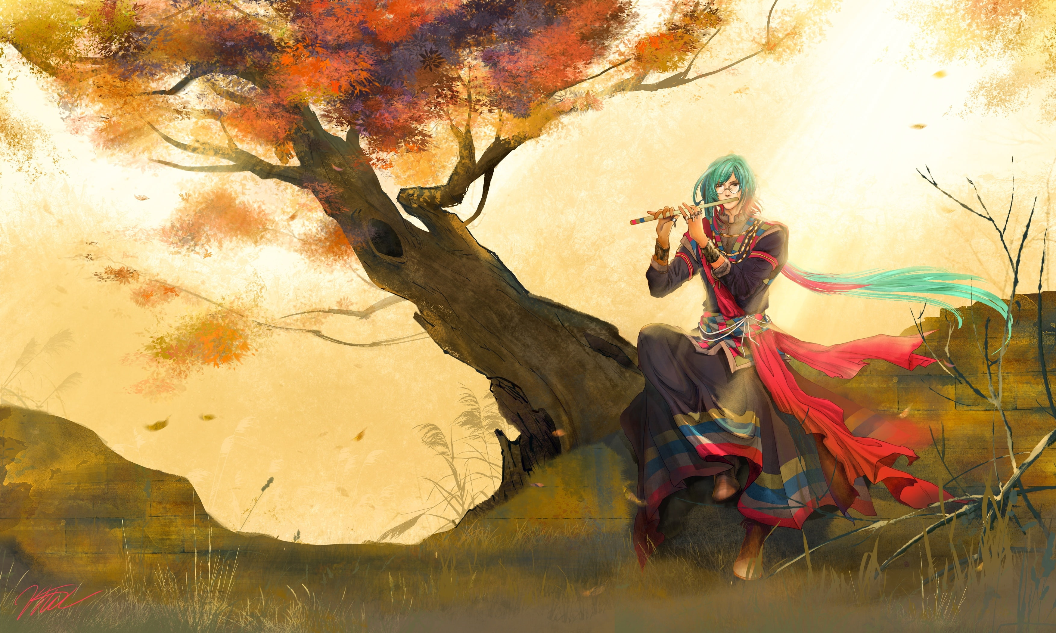 leaf, flute, real people, Anime, outdoors, leaves, creativity, 2K, fall, long hair, oriental, digital composite, anime boy, leisure activity, art and craft, HD Wallpaper